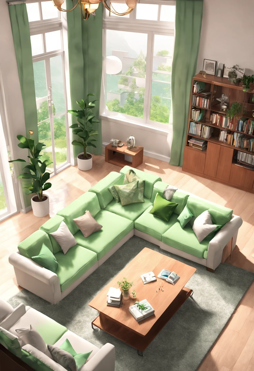 there is a living room with a white couch and a green rug, cute 3 d render, cozy home background, cozy living room background, soft 3d render, stylized 3d render, fully detailed render, animation style render, highly detailed scene, very detailed render, highly detailed render, detailed render, super detailed render, in a living room, living room background