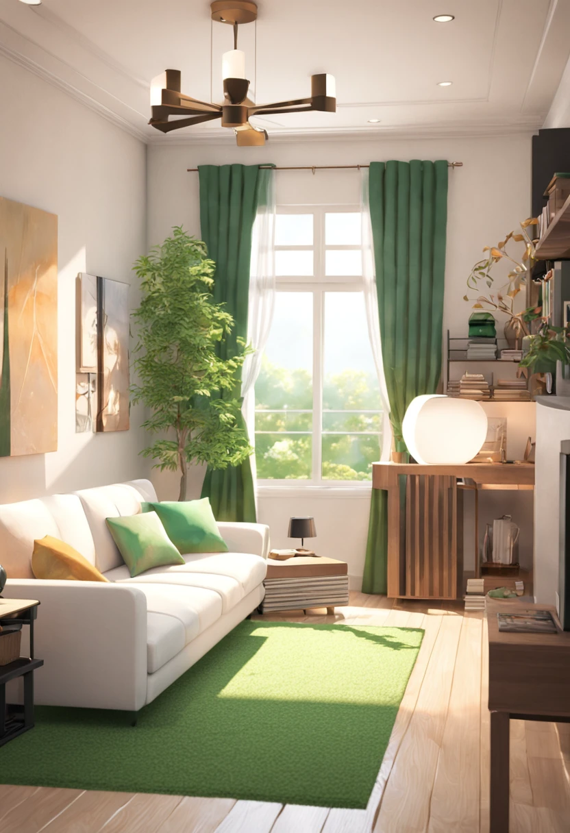 there is a living room with a white couch and a green rug, cute 3 d render, cozy home background, cozy living room background, soft 3d render, stylized 3d render, fully detailed render, animation style render, highly detailed scene, very detailed render, highly detailed render, detailed render, super detailed render, in a living room, living room background
