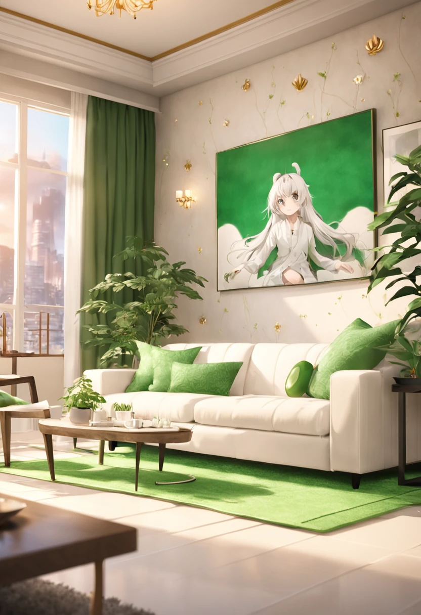 there is a living room with a white couch and a green rug, cute 3 d render, cozy home background, cozy living room background, soft 3d render, stylized 3d render, fully detailed render, animation style render, highly detailed scene, very detailed render, highly detailed render, detailed render, super detailed render, in a living room, living room background