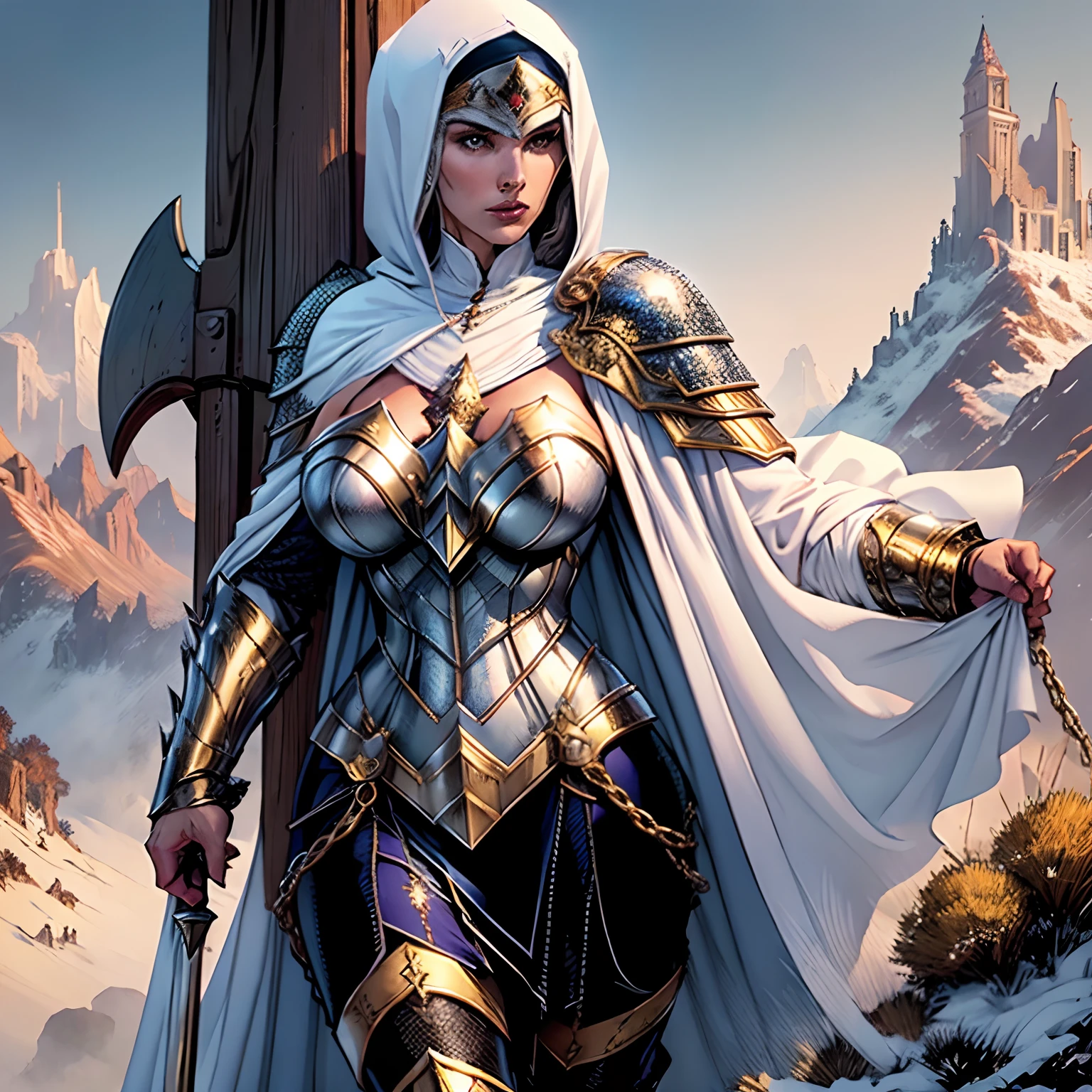 (masterpiece, top quality, best quality, official art, beautiful and aesthetic:1.2), (1girl:1.3), light freckles, fair skin, extremely detailed, portrait, looking at viewer, solo, (full body:0.6), detailed background, close up, (warm grasslands theme:1.1), holy paladin knight, charlatan, smirk, mysterious, swaying in mountains, modest attire, ornate white and gold armor, cowl, nun hood, wimple, cowl, robe, chain mail, chainmail, leggings, chainmail leggings, chain mail leggings, breastplate, tabard, gorget, hood, pauldrons, greaves, armored, long boots, longsword, shield, cape, cloak, white fabric, pale leather, ((((gigantic breasts)))), slim waist, slim hips, long legs, medieval (mountain exterior:1.1) background, dark mysterious lighting, shadows, magical atmosphere, dutch angle,