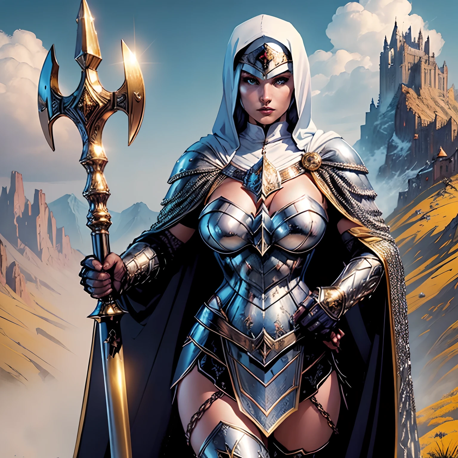(masterpiece, top quality, best quality, official art, beautiful and aesthetic:1.2), (1girl:1.3), light freckles, fair skin, extremely detailed, portrait, looking at viewer, solo, (full body:0.6), detailed background, close up, (warm grasslands theme:1.1), holy paladin knight, charlatan, smirk, mysterious, swaying in mountains, modest attire, ornate white and gold armor, cowl, nun hood, wimple, cowl, robe, chain mail, chainmail, leggings, chainmail leggings, chain mail leggings, breastplate, tabard, gorget, hood, pauldrons, greaves, armored, long boots, longsword, shield, cape, cloak, white fabric, pale leather, gigantic breasts, slim waist, slim hips, long legs, medieval (mountain exterior:1.1) background, dark mysterious lighting, shadows, magical atmosphere, dutch angle, (((Balsamique)))