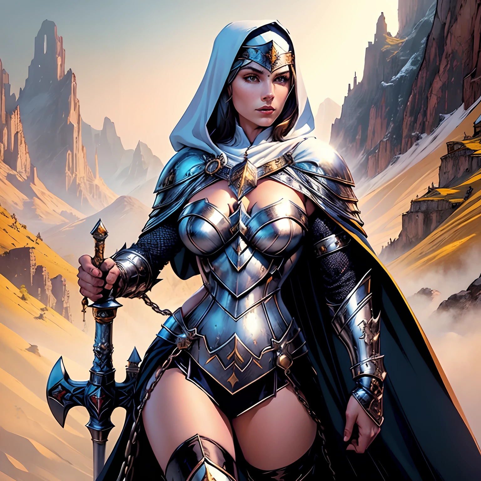 (masterpiece, top quality, best quality, official art, beautiful and aesthetic:1.2), (1girl:1.3), light freckles, fair skin, extremely detailed, portrait, looking at viewer, solo, (full body:0.6), detailed background, close up, (warm grasslands theme:1.1), holy paladin knight, charlatan, smirk, mysterious, swaying in mountains, modest attire, ornate white and gold armor, cowl, nun hood, wimple, cowl, robe, chain mail, chainmail, leggings, chainmail leggings, chain mail leggings, breastplate, tabard, gorget, hood, pauldrons, greaves, armored, long boots, longsword, shield, cape, cloak, white fabric, pale leather, gigantic breasts, slim waist, slim hips, long legs, medieval (mountain exterior:1.1) background, dark mysterious lighting, shadows, magical atmosphere, dutch angle, (((Balsamique)))