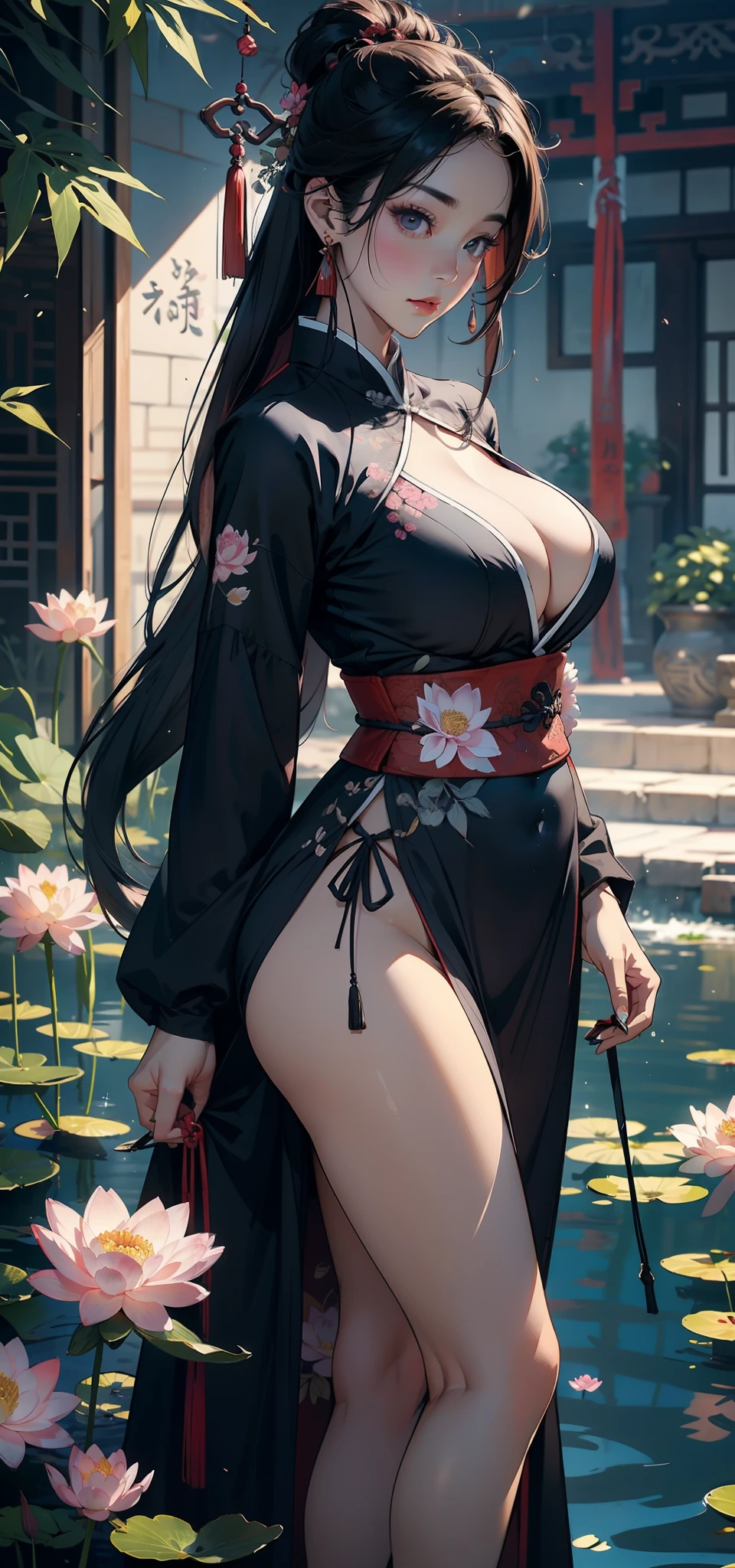 chinese paintings,Gongbi drawing style,ink,legends,Purple background,deep Purple,Dark tones,Pink big breasts,lotuses,foreground,lotus flower,Green bamboo vista,(snow landscape),((Ancient Chinese big red Hanfu beauty standing in a sea of flowers smiling)),Melon seed face,Willow eyebrows,Cherry small mouth,(Black eyes),Gentle atmosphere,closeup cleavage,Perfect facial features,(The hair is meticulously depicted),(The face is carefully depicted),Works of masters,(The flowers are carefully depicted),super-fine,high qulity,A high resolution,The composition is perfect,((tmasterpiece))Bigchest,Big breasts Thin waist,long leges,Buttock augmentation,Raised sexy,,Bare lower body,Bare breasts,nakeness