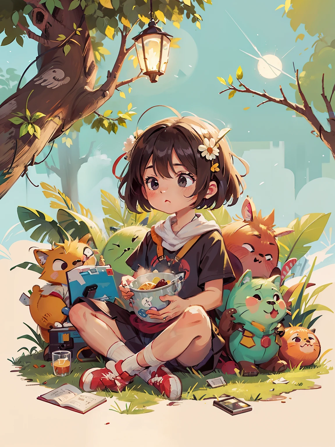 A girl sitting on the ground with a bunch of stuffed animals - SeaArt AI