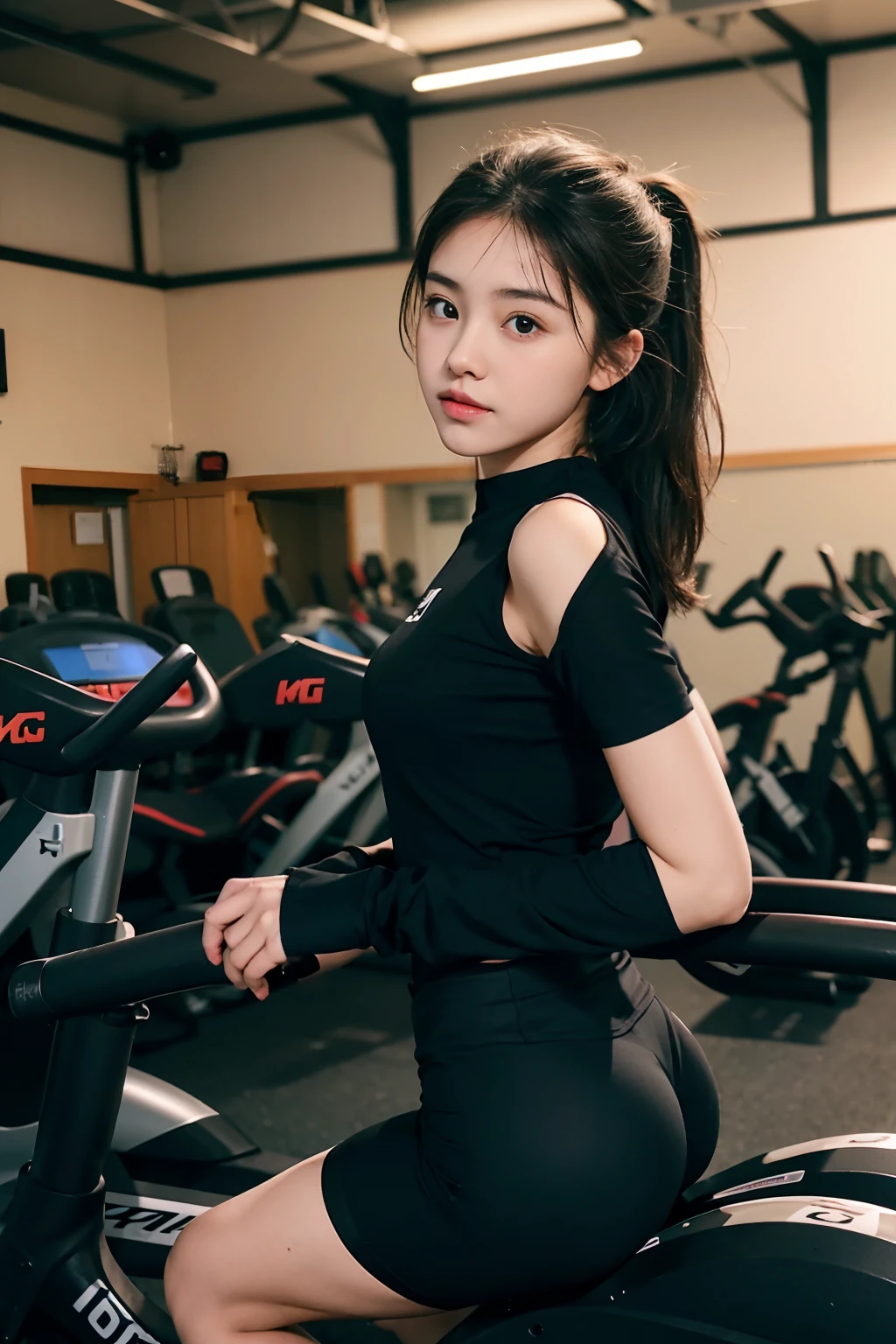 4K refined facial features，18 year old girl in gym，Short clothes，black colored leggings，Pedaling