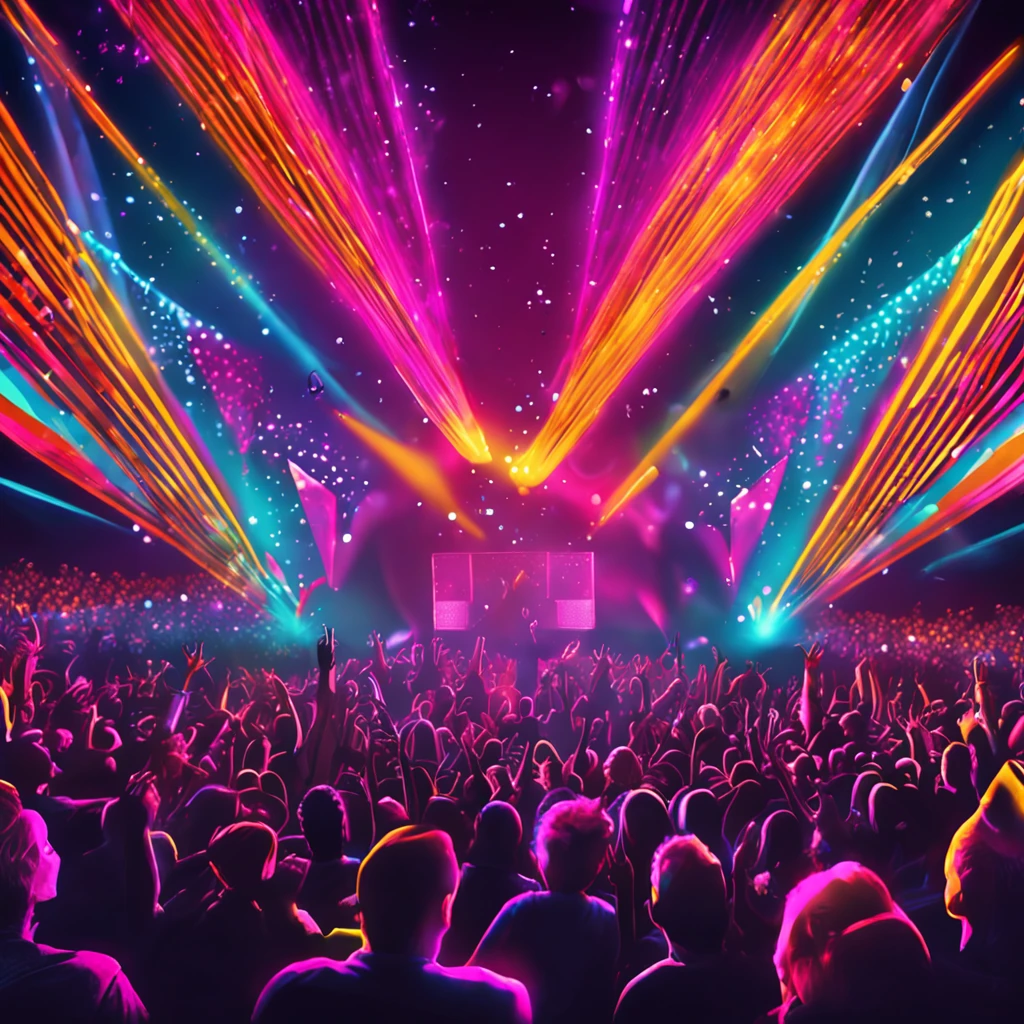 Concert scene,Stage effects,Sparkling background,Enthusiastic cheers