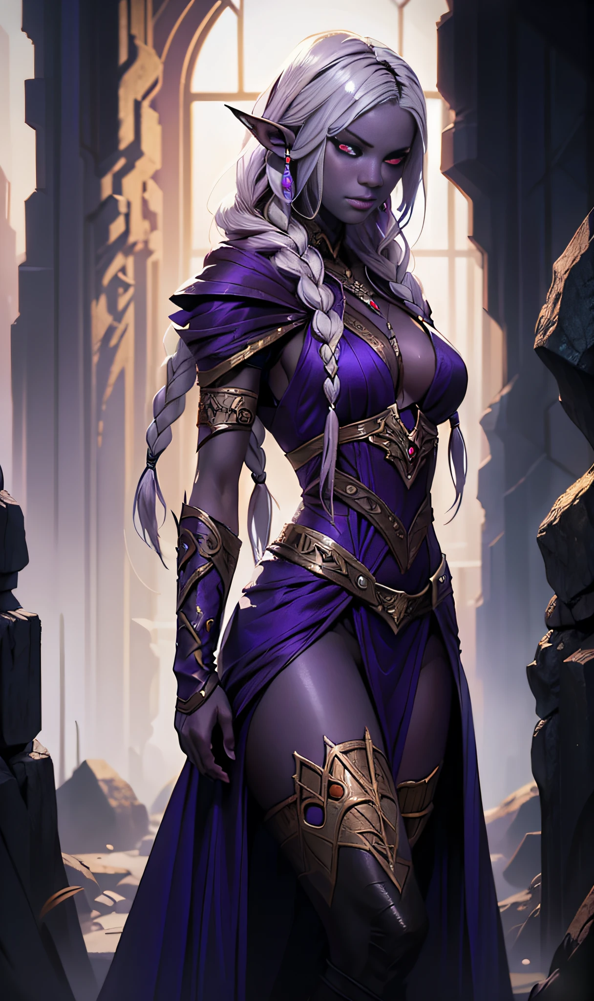 Beautiful portrait of perfect ((drow sorceress girl)), slender body, perky breasts, (pale silver long elaborate braids), (dark purple skin:1.5), wearing (white sorcerer robe), (red eyes:1.2), pointed ears, perfect features, abstract beauty, near perfection, pure form, dynamic pose, standing on a cliff, (strong cinematic lighting), ((rim lighting)), concept art by Greg Rutkowski and John William Waterhouse and Alphonse Mucha, stunning details, intricate details, 8k post-production, High resolution, super details, trending on ArtStation, sharp focus, depth of field f/1.8, studio photos, (((looking at camera)))