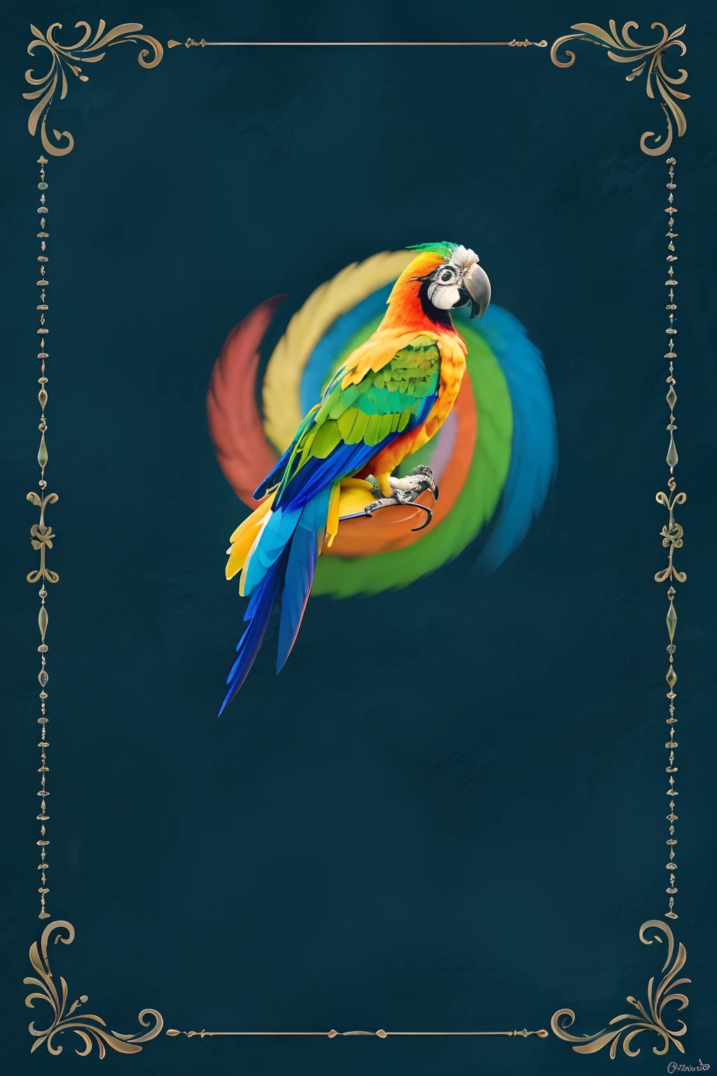 "Obra maestra de colores brillantes: Ethereal macaw with multicolored plumage perched on a striking object. Dynamic scenery with beautiful details and movement. Stunning animated background in high resolution."