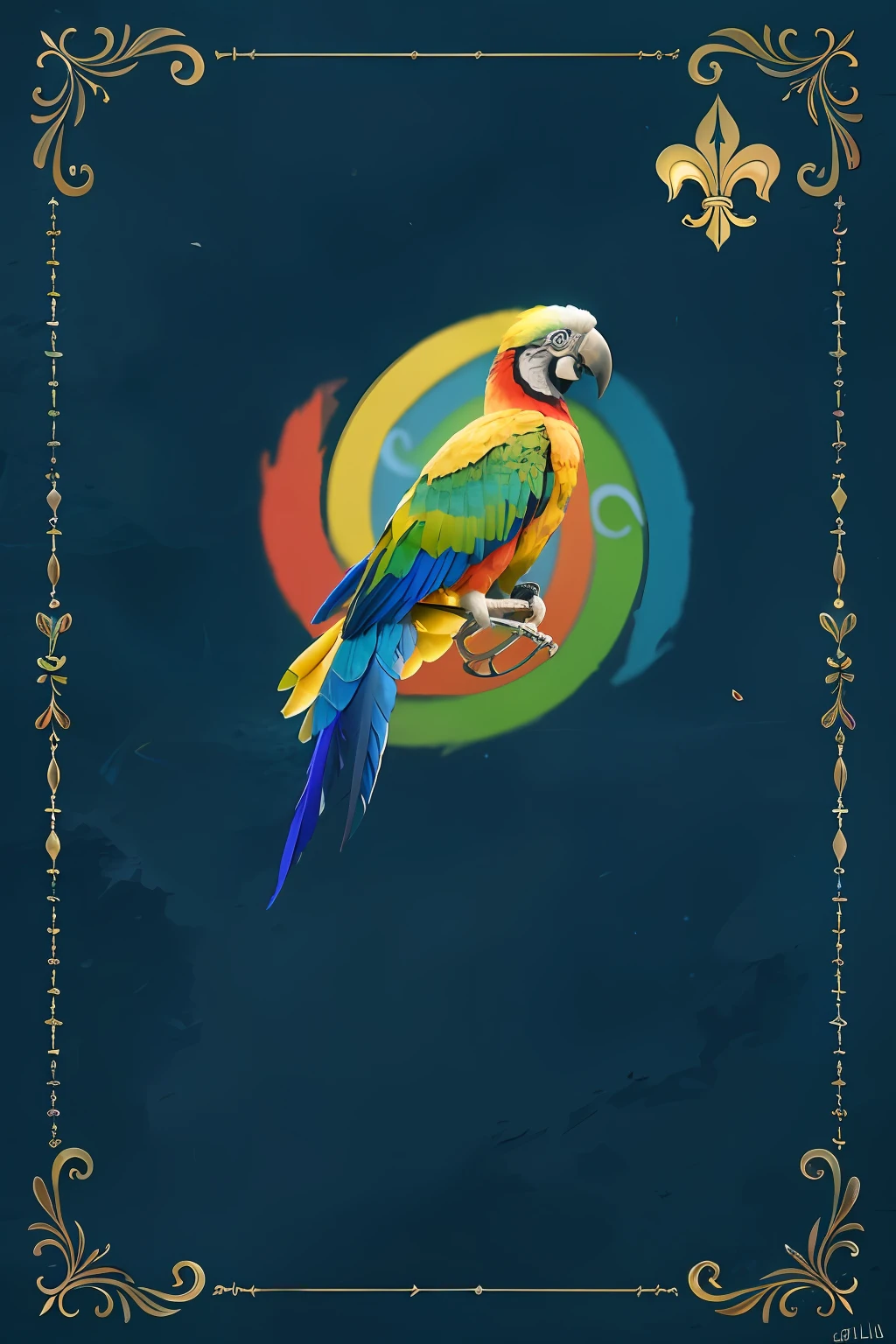 "Obra maestra de colores brillantes: Ethereal macaw with multicolored plumage perched on a striking object. Dynamic scenery with beautiful details and movement. Stunning animated background in high resolution."