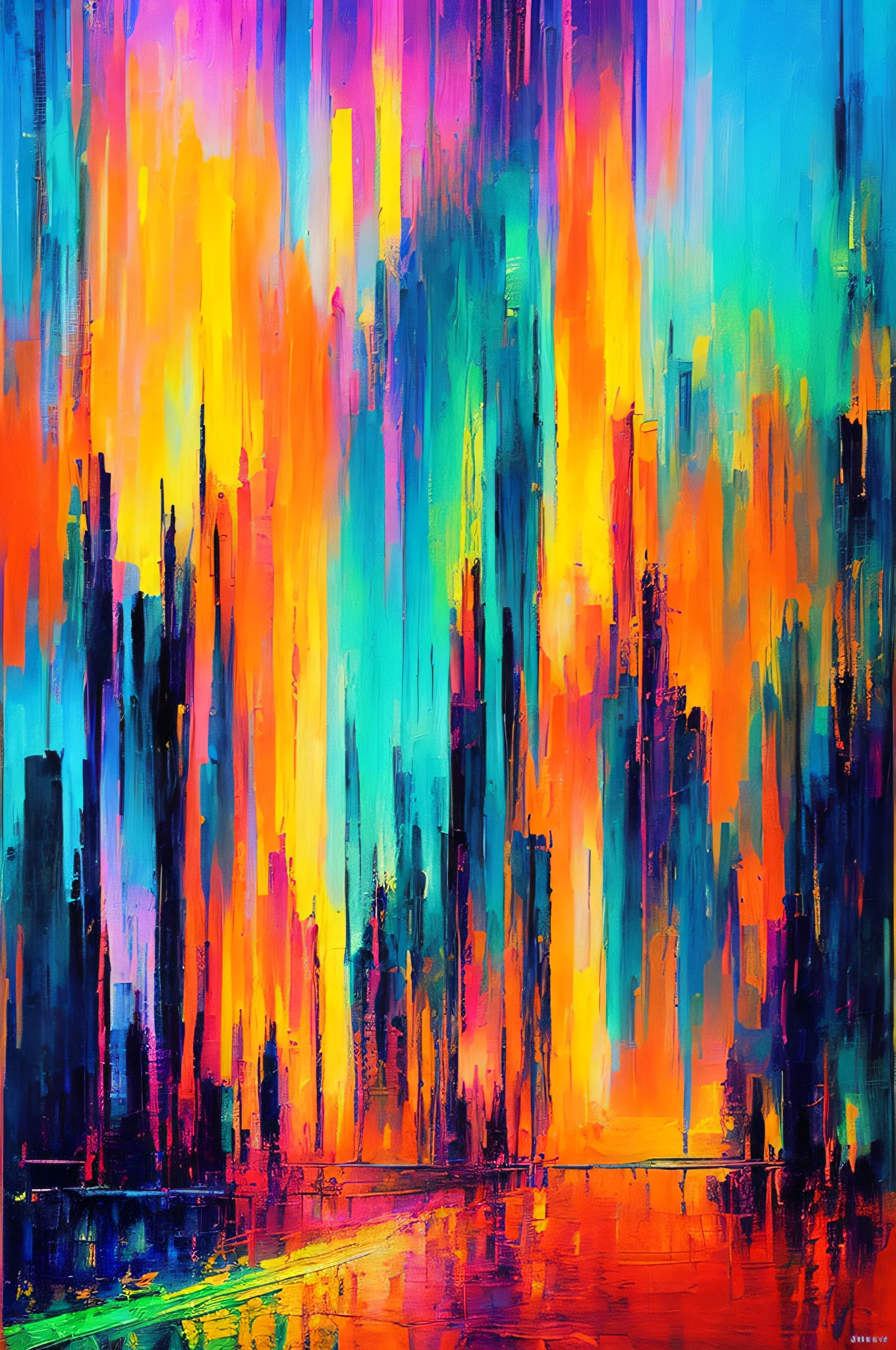 ((abstract painting+modern art+neon lights):1.2+cityscape+night view+dynamic composition+colorful+contrast+impressionistic brushworks)