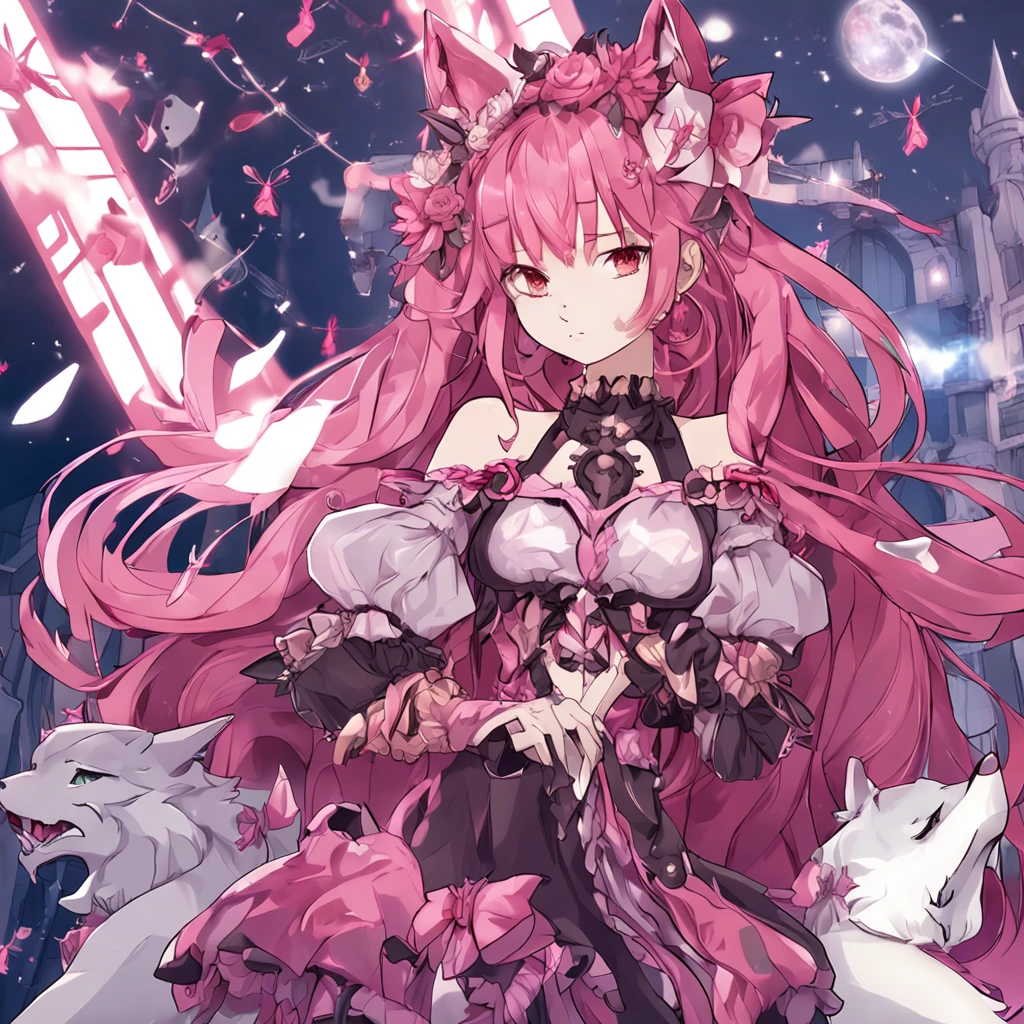 Magenta haired girl, French, long pink hair, wolf ears, wolf tail, magical girl baroque dress, magenta dress, smile, medium breasts, Lycoris, Spider Lily, tall female, mars, Nose, maria cadenzavna eve, mechanical dress, solo, sad, blue eyes, wolf girl
