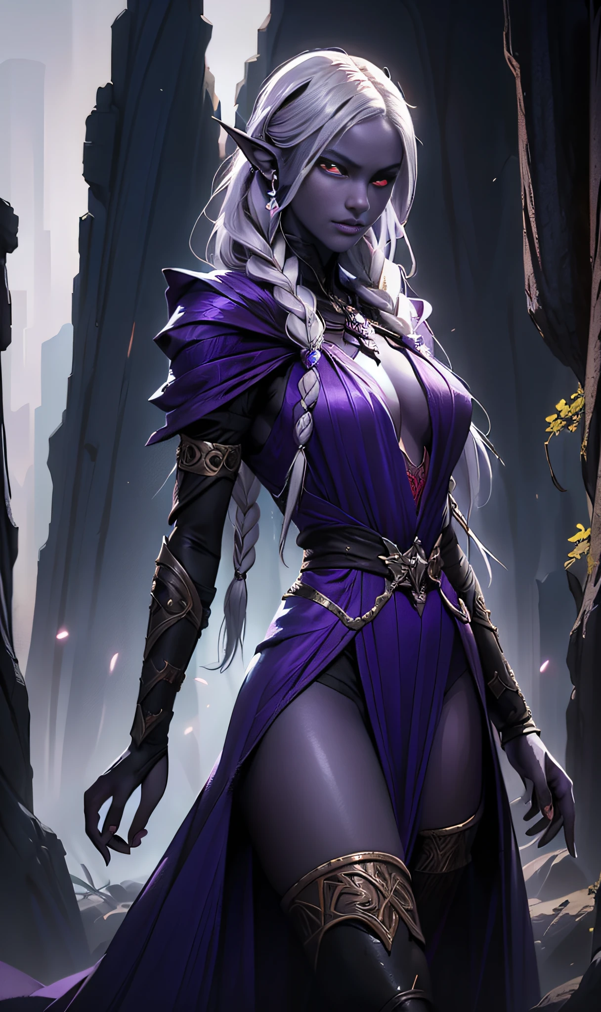 Beautiful portrait of perfect ((drow sorceress girl)), slender body, perky breasts, (pale silver long elaborate braids), (dark purple skin:1.5), wearing (white sorcerer robe), (red eyes:1.2), pointed ears, perfect features, abstract beauty, near perfection, pure form, dynamic pose, standing on a cliff, (strong cinematic lighting), ((rim lighting)), concept art by Greg Rutkowski and John William Waterhouse and Alphonse Mucha, stunning details, intricate details, 8k post-production, High resolution, super details, trending on ArtStation, sharp focus, depth of field f/1.8, studio photos, (((looking at camera)))