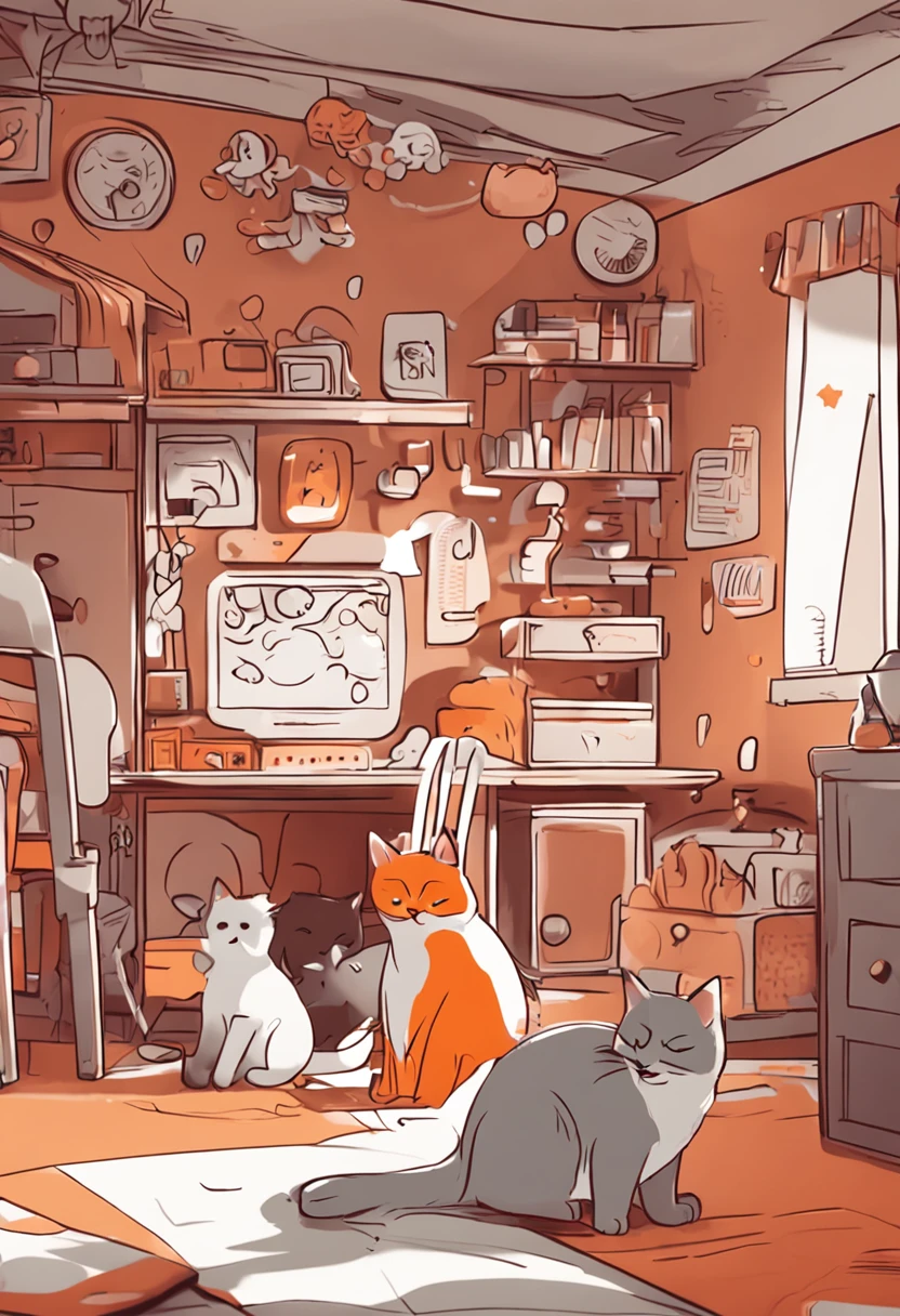 「Happily playing in the house2Cats」theme、Main colorbright orange、Secondary color soft gray、Accent color fluffy cream、Warm atmosphere and colorful design、Includes cat characters and plaything icons and shapes、Textures and fluffy lines are drawn that mimic the fur and soft texture of cats.。