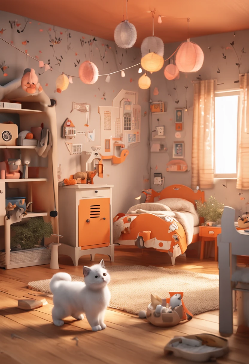 「Happily playing in the house2Cats」theme、Main colorbright orange、Secondary color soft gray、Accent color fluffy cream、Warm atmosphere and colorful design、Includes cat characters and plaything icons and shapes、Textures and fluffy lines are drawn that mimic the fur and soft texture of cats.。