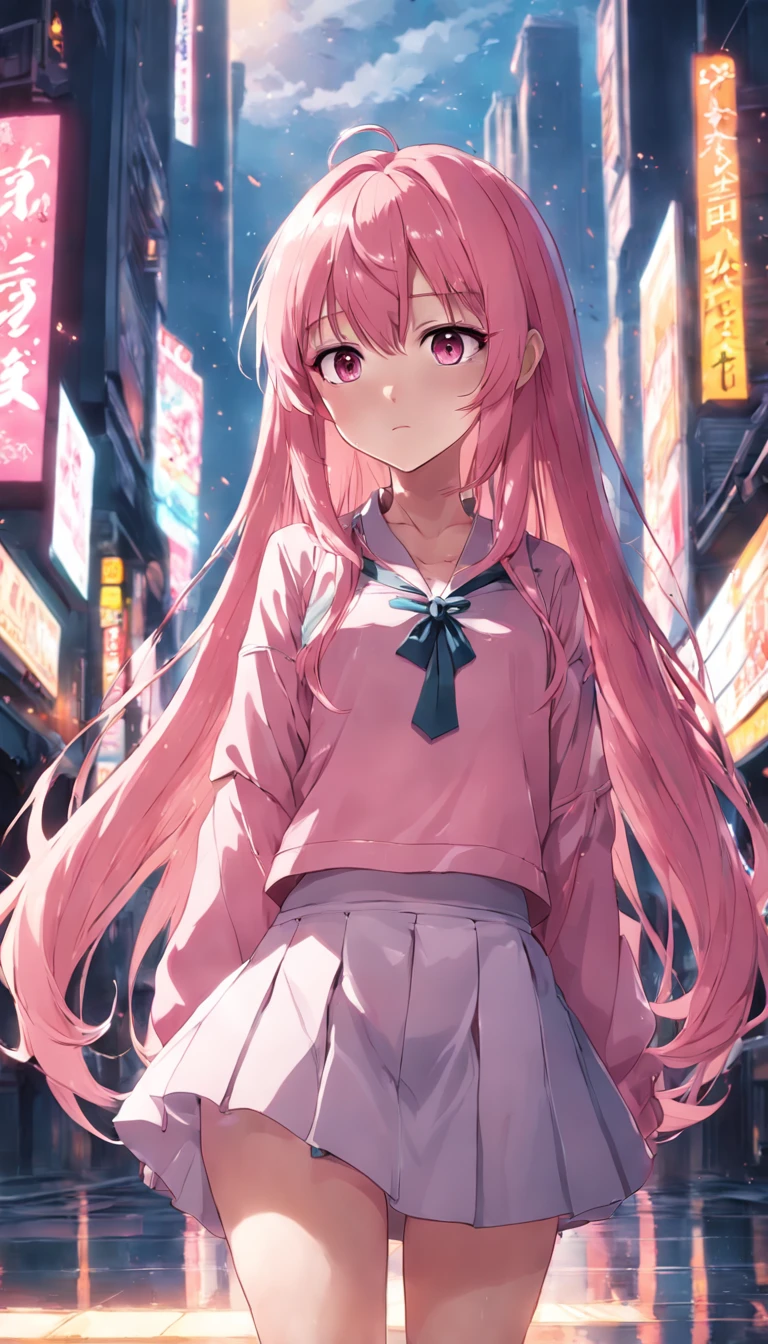 Female anime style, long pink hair, Glued short skirt,