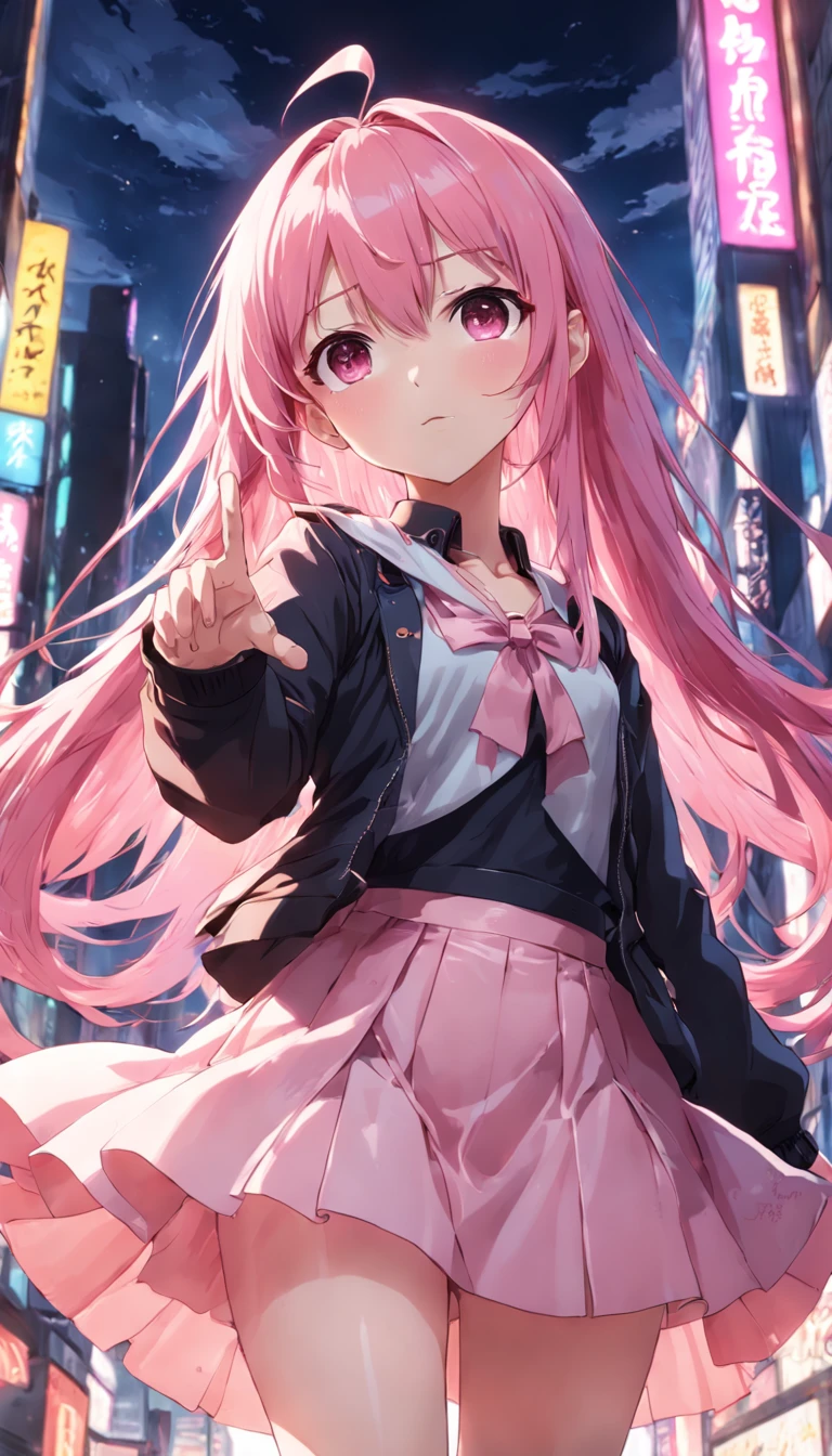 Female anime style, long pink hair, Glued short skirt,