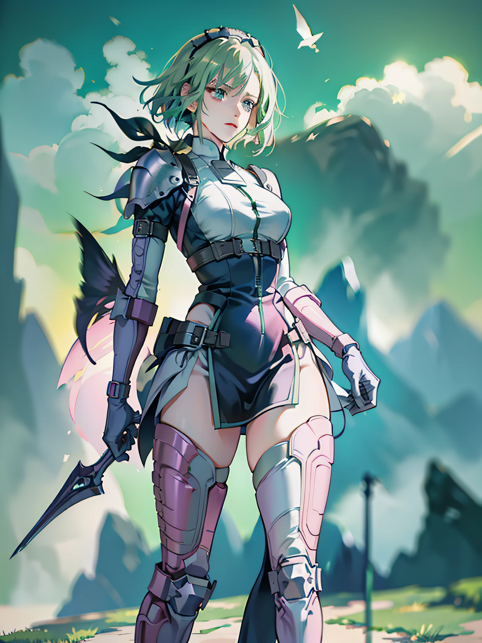 'Claymore, Claire, anime, full body, moving mode, green and pink hair, blue eyes, trending on artstation, deviantart, concept art, trending on artstation, digital painting, digital illustration, extreme detail, digital art, 4k, ultra hd, in Hueco Mondo.'