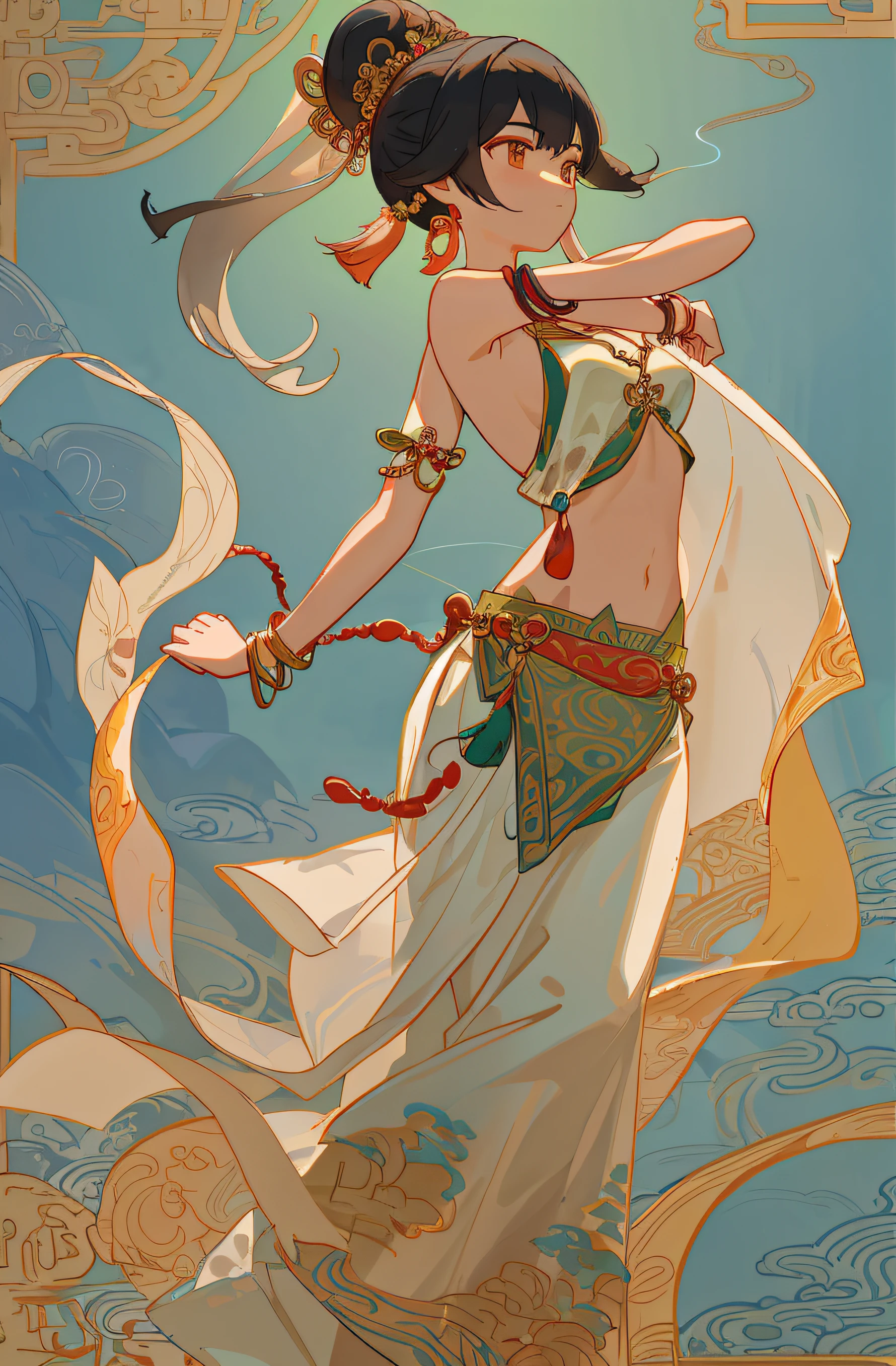 A -year-ancieChinese beauty stands on the water and dances，The ornate costumes are embroidered with intricate embroidery，Flowing tulle，A long transparent colored streamer is tied around the arm，Inspiration for the Dunhuang flying mural，Open navel，cropped shoulders，Bare neck，Black coiled hair with a high updo hairpin with hairpins，The armband is tied with a streamer，Yingluo Huanpei，Bracelet，Anklets，A metal chain tassel is tied around the waist，Mogao Cave Art，water ink，CGstation is popular