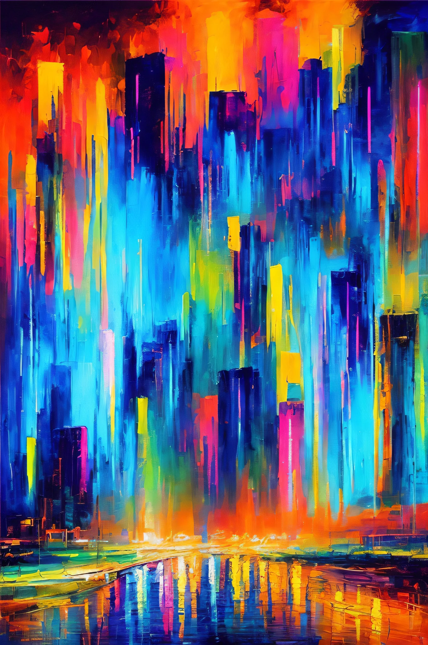((abstract painting+modern art+neon lights):1.2+cityscape+night view+dynamic composition+colorful+contrast+impressionistic brushworks)