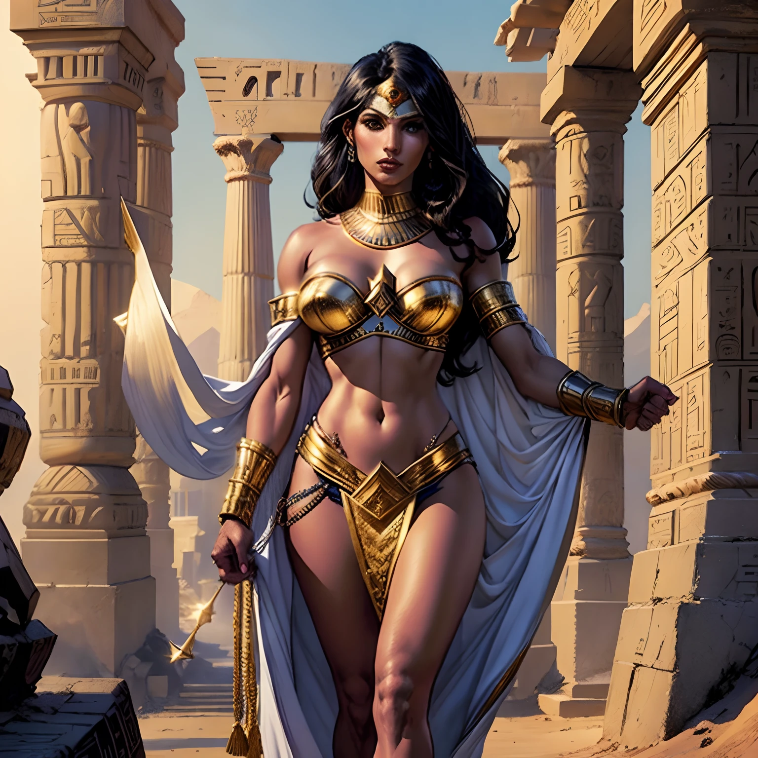 (masterpiece, top quality, best quality, official art, beautiful and aesthetic:1.2), (1girl:1.3), long and straight black hair, tanned skin, extremely detailed, portrait, looking at viewer, solo, (full body:0.6), detailed background, close up, mischievous eyes, (hot summer Egypt theme:1.1), Egyptian duelist woman, heavy Egyptian makeup, winged eyeliner, long neck, Persian nose, bold nose, long nose, arched nose, downturned nose, large nose, dark tan skin, charlatan, smirk, mysterious, walking in desert, revealing white and gold and sapphire Egyptian silks, cobra headdress, white short skirts, criss cross top, criss-cross top, halter top, jewelry, white fabric, gold jewelry, precious stones, dual sickle swords, gigantic breasts, cleavage, skindentation, slim waist, slim hips, long legs, ancient (Egyptian temple exterior:1.1) background, dark mysterious lighting, shadows, magical atmosphere, dutch angle, (((Balsamique)))