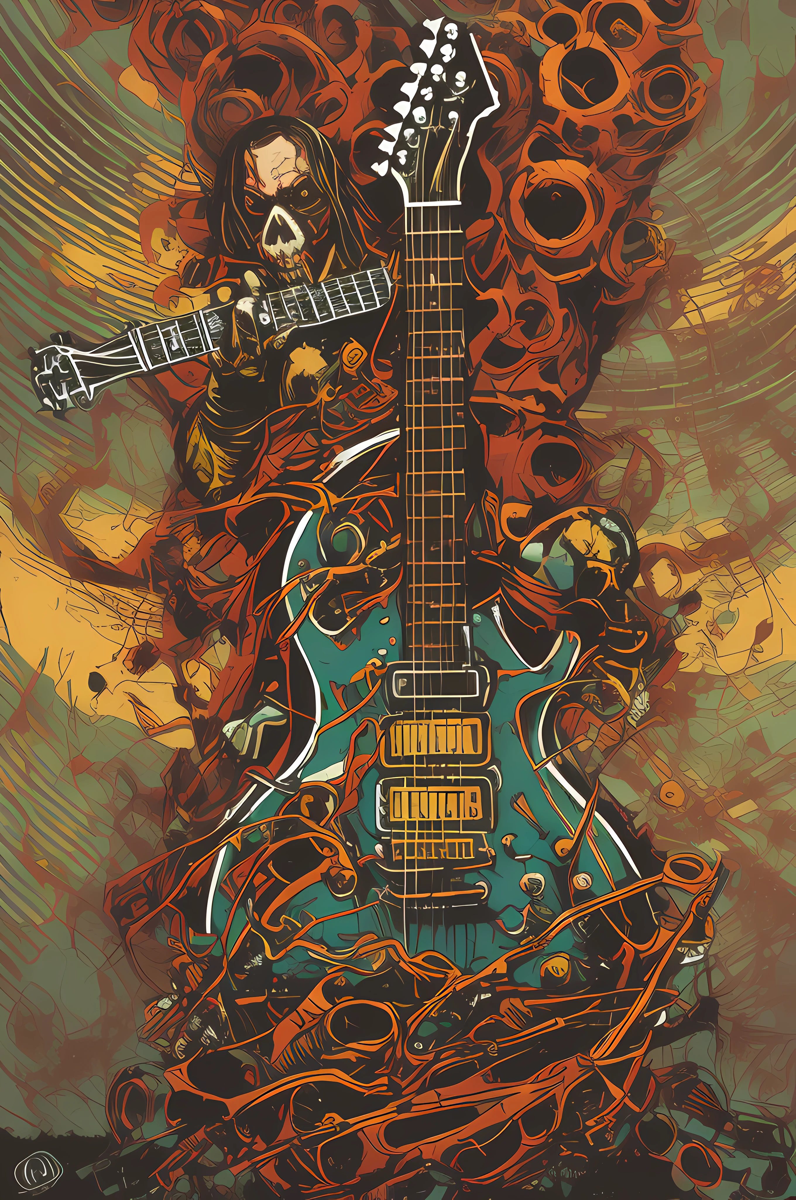 um close up de uma guitarra com uma caveira, arte detalhada da capa, estilo de arte heavy metal, arte em heavy metal, arte da capa dos quadrinhos de heavy metal, Dan Mumford e Alex Grey Estilo, estilo Aaron Horkey, Aaron Horkey, Mark Brooks detalhou, arte conceitual da guitarra, no estilo dos quadrinhos de heavy metal, No estilo de arte de Dan Mumford, arte de capa altamente detalhada