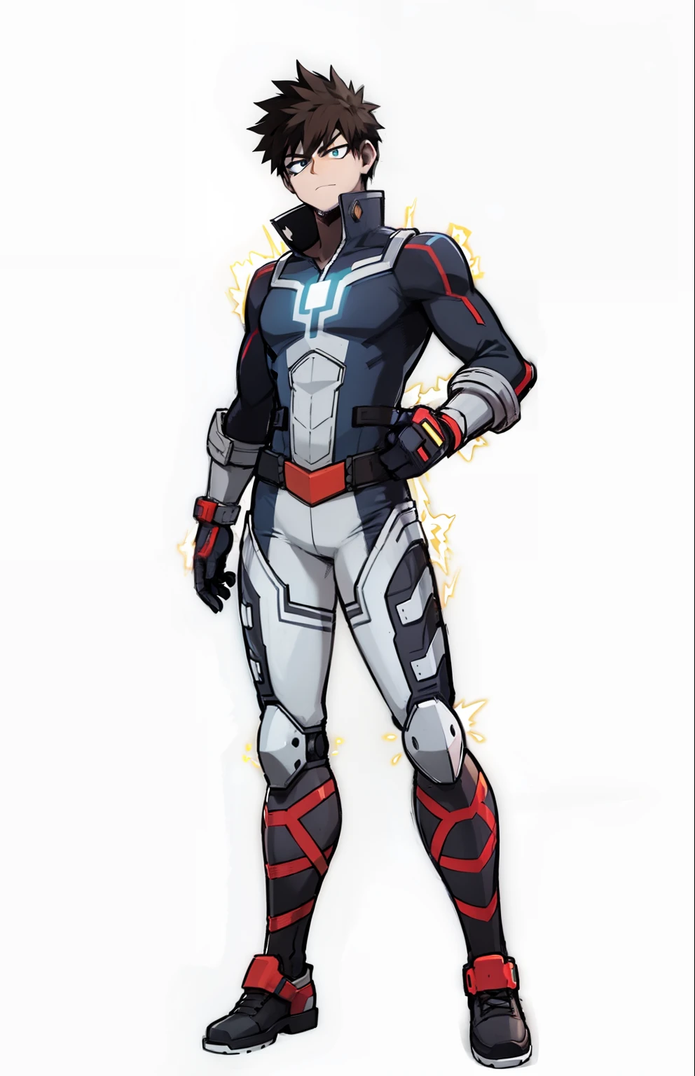 My Hero Academia style, anime boy, male, young male, trending on artstation pixiv, (full body shot:0.5), Short hair, brown hair, blue eyes, hero suit, full body suit, blue suit with white and red details, Neon yellow lightning around, neon yellow lightning, lightning around, neon lightning, Perfect anatomy, Super Detailed,