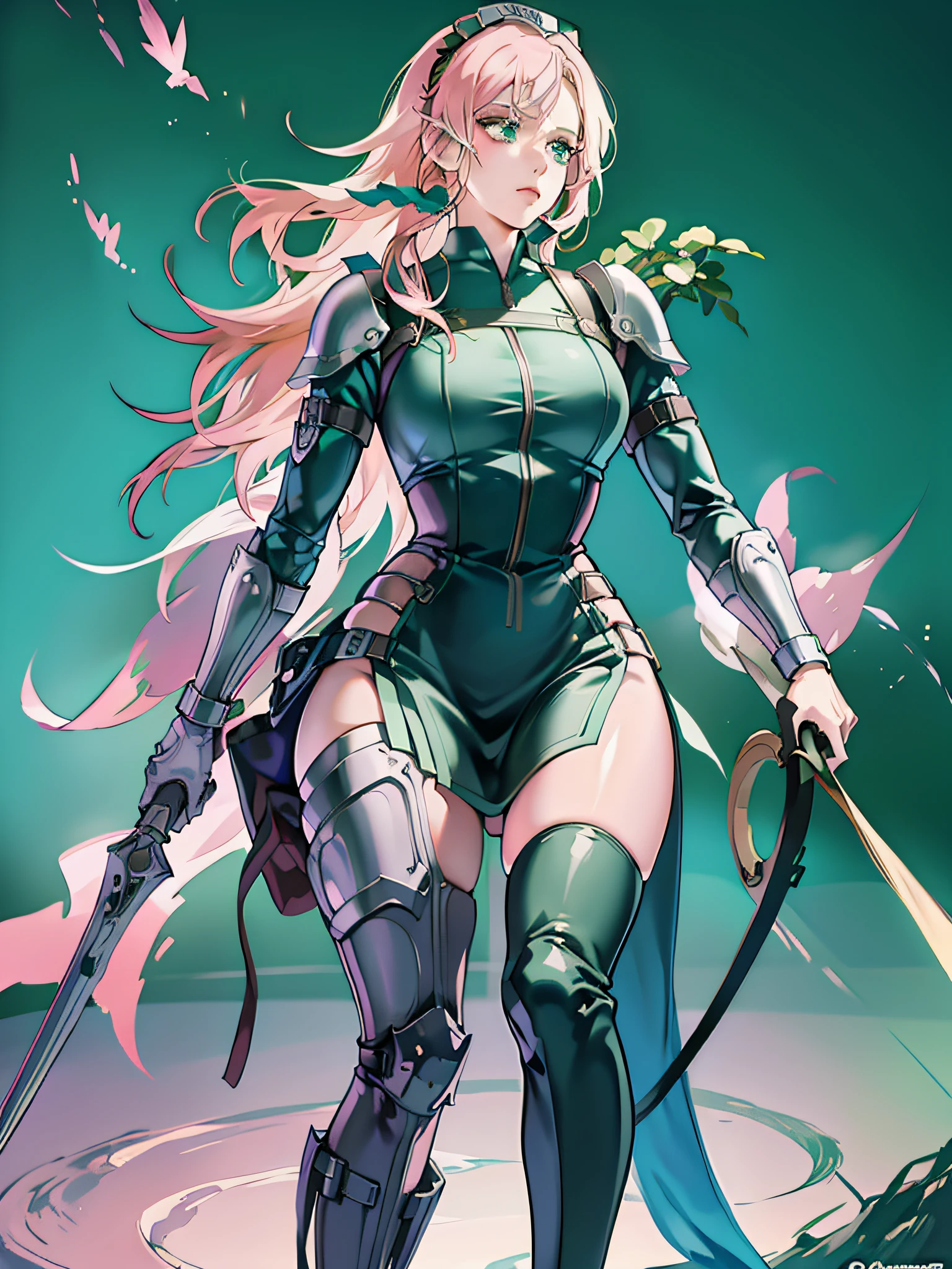 'Claymore, Claire, anime, full body, moving mode, green and pink hair, blue eyes, trending on artstation, deviantart, concept art, trending on artstation, digital painting, digital illustration, extreme detail, digital art, 4k, ultra hd, in Hueco Mondo.'