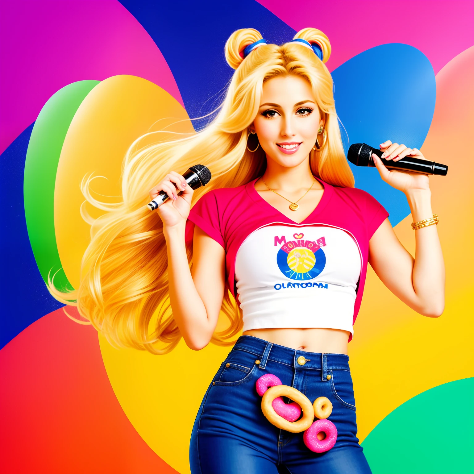 "(Mature and realistic portrayal:1.2) Sailor Moon exuding confidence as she holds a microphone, her blonde hair cascading down, adorned in stylish rainbow denim clothes from the 2000s, with a backdrop filled with donuts."
