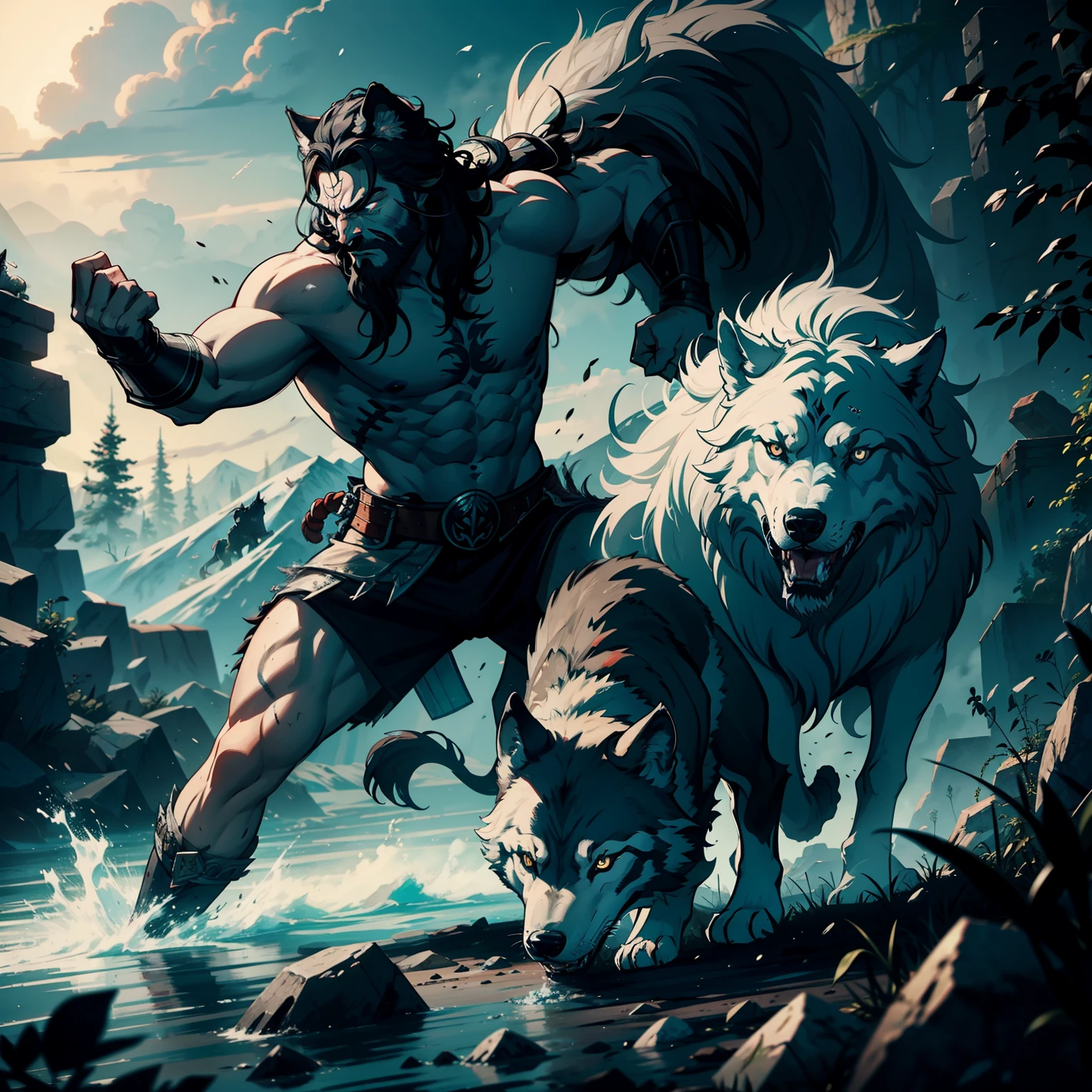 A Norse warrior fighting a gray wolf, Lobo, norse warrior, floresta, magica, sangue