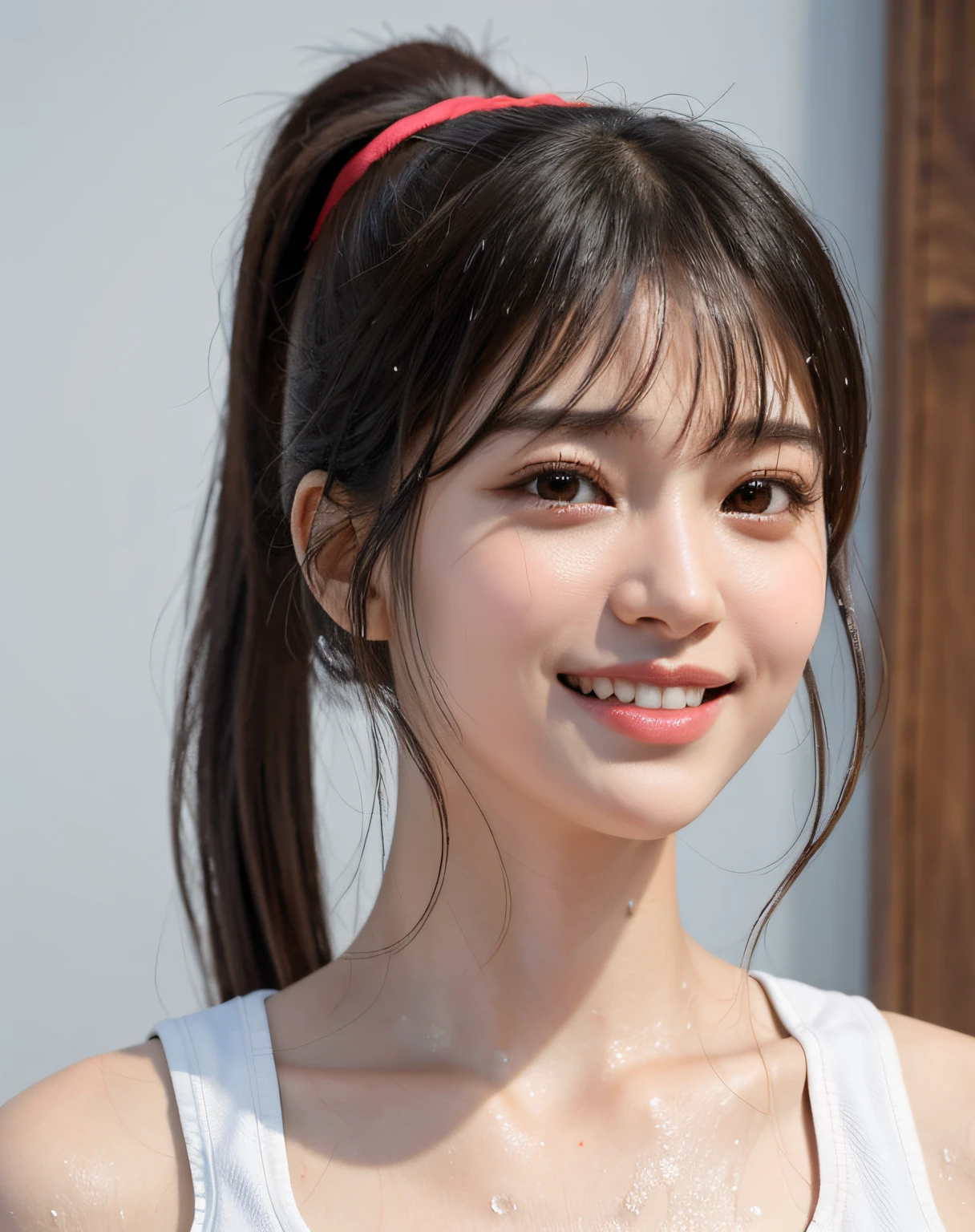 zydG, 1girl, detailed skin, looking at viewer, brown eyes, (ponytail with bangs:1.2), (large breasts:1.0), (large areolae:0.8), smile with white teeth,
(photorealistic:1.4), (best quality:1.0), (ultra highres:1.0), 8k, RAW photo, (masterpiece:0.2), (sportswear:1.4), (sweat, wet:1.1), portrait, face focus,
(pureerosface_v1:0.5)