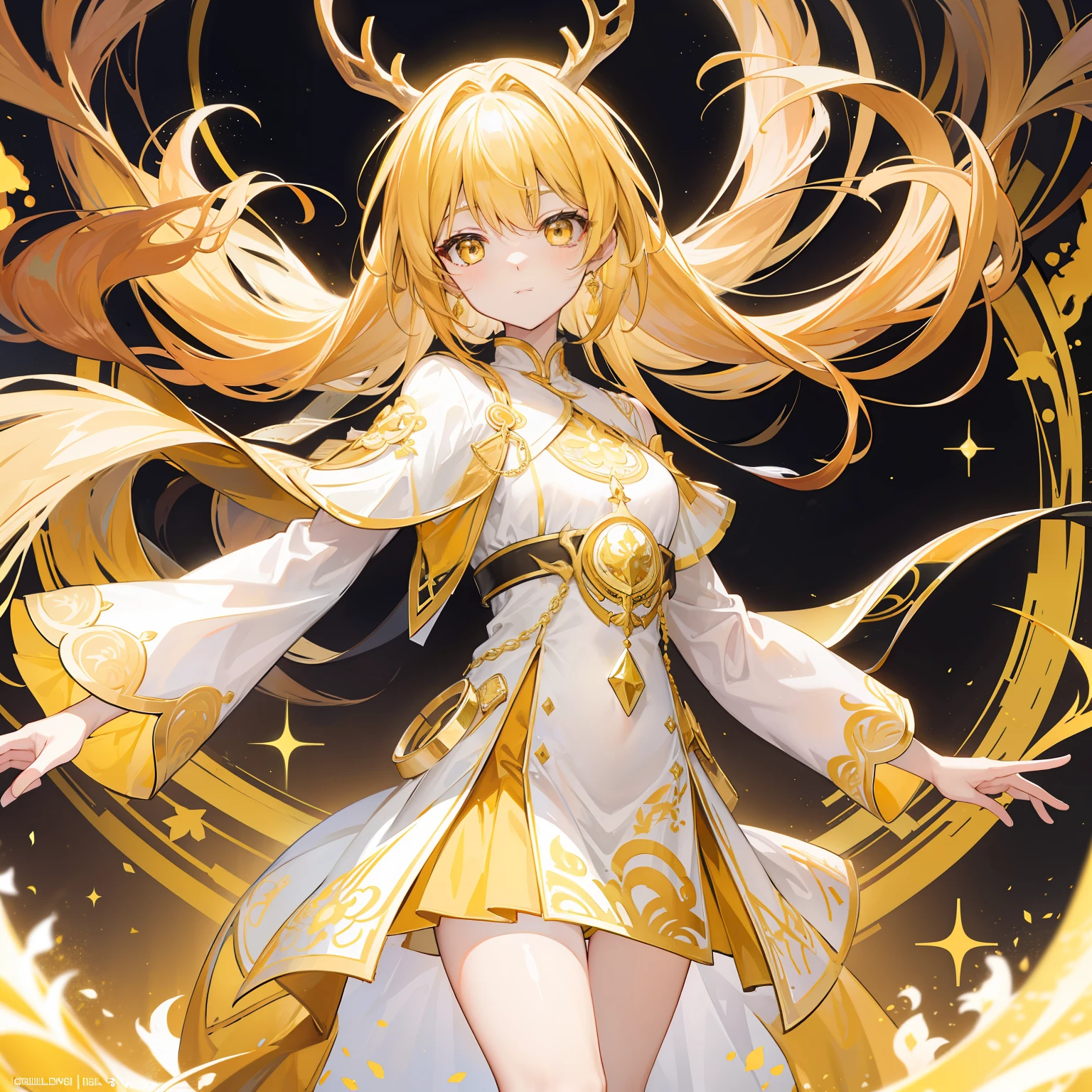 The Title Douluo Continent with multiple golden soul rings,It's a beautiful sister,Yellow, gold, and white color scheme,It is called the golden horned deer