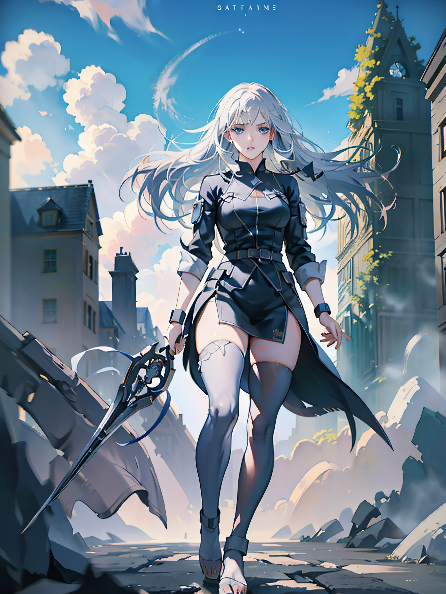 'Claymore, Claire, anime, full body, moving mode, silver hair, silver eyes, trending on artstation, deviantart, concept art, trending on artstation, digital painting, digital illustration, extreme detail, digital art, 4k, ultra hd, in Hueco Mondo.'