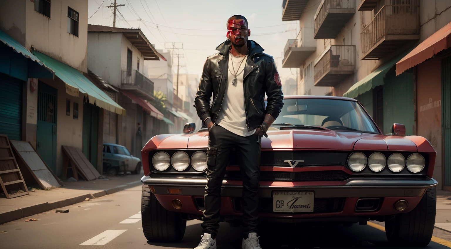 there is a man, gta personagem, Como o protagonista de GTA 5, gta v estilo, como um personagem gtav, Kanye West em GTA v, drake em gta v, gta5 estilo, gta v personagem, empunhando fuzil de assalto, Snoop Dogg em GTA V, gta 5 tom de pele negro, Jesse Pinkman em GTA v, jaqueta preta,Fuzil AK-47, Fundo da favela do estilo brasileiro, e o personagem de cabelos preta,Favela no Brasil, carro preto Dodge vermelho ,with Ak-47 rifle in hand, rifle in hands.