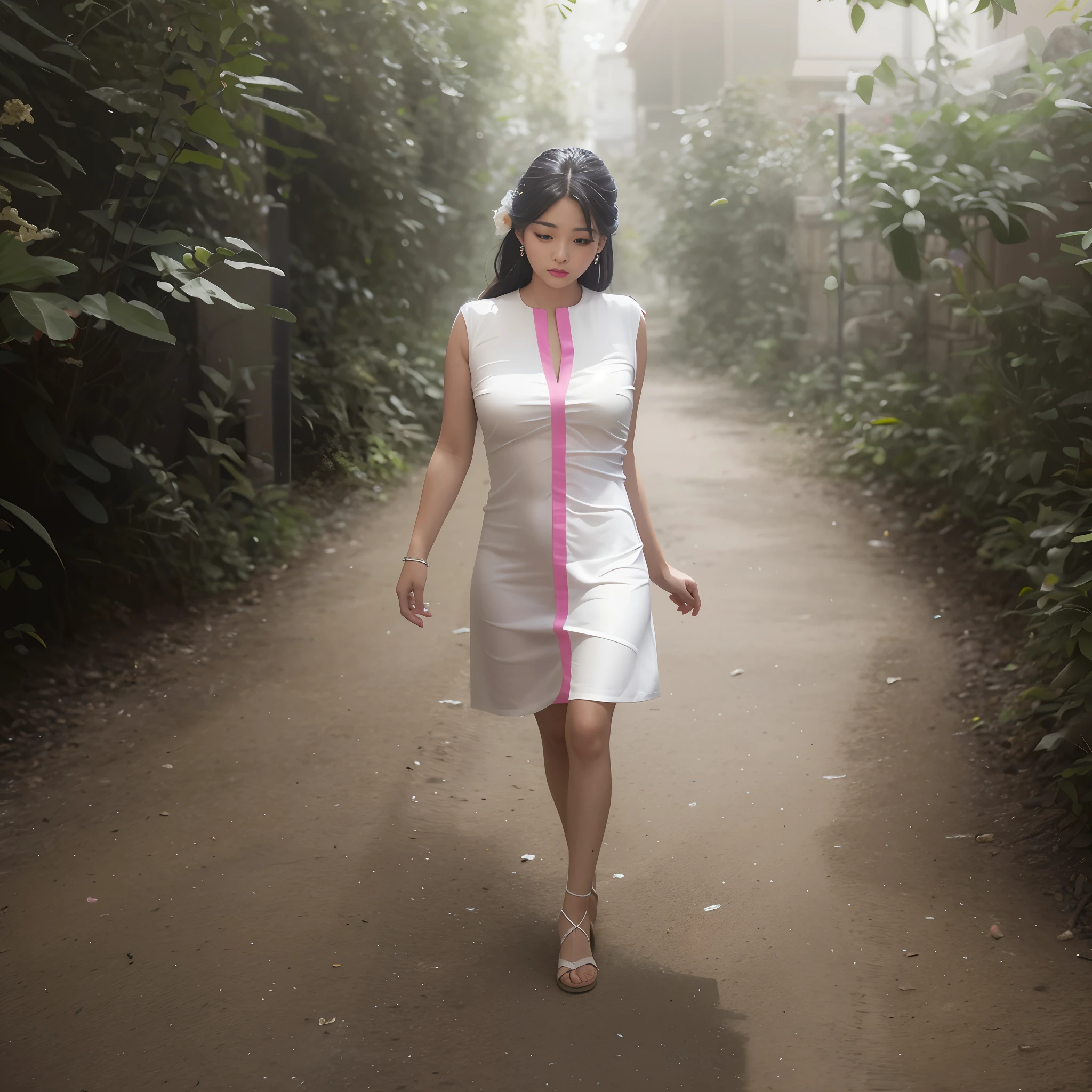 There's a woman walking through a flower garden in an all-pink dress with white accents, vestido poligonal branco, no caminho das flor, em roupas rosa, usando vestido branco, na jardim, em uma jardim, uma mulher bonita no branco, usando um vestido branco, em jardim profundo, Seseon Yoon, vestido de branco, kwak ji jovem, apenas yoon, lu ji | | | | | |, two arms, two hand, duas pernas, two feets. Animated hands, centro da moda, flor, flor, vestido rosa, boa qualidade, Hiper realista, super realista, 8k. Beautiful girl, lindo vestido branco com rosa, caminho de flores