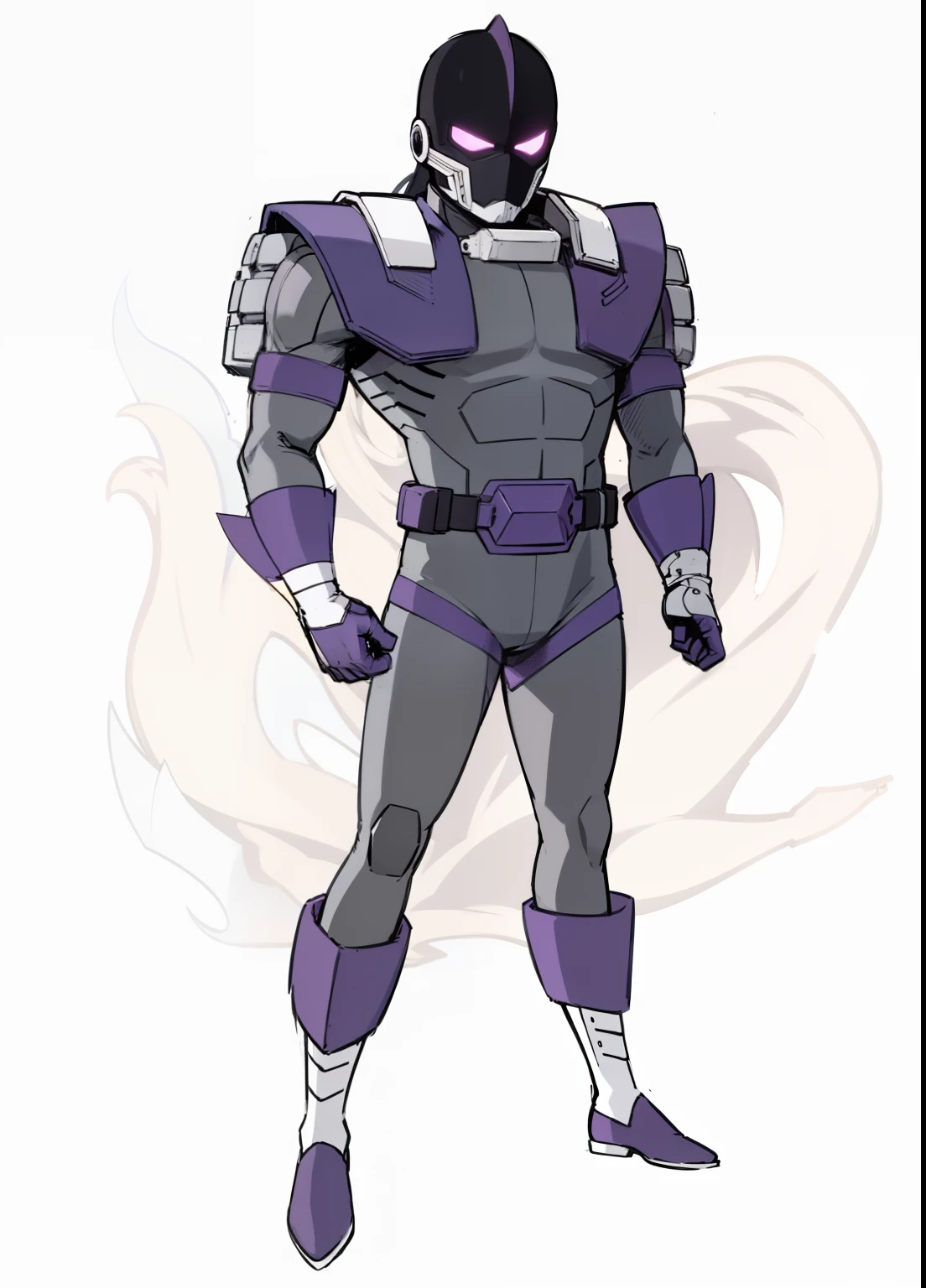 My Hero Academia style, anime boy, male, young male, trending on artstation pixiv, (full body shot:0.5), head covering, helmet, face covering, mask, hero suit, full body suit, black suit with silver metal and purple metal accents, Perfect Anatomy, Super Detailed