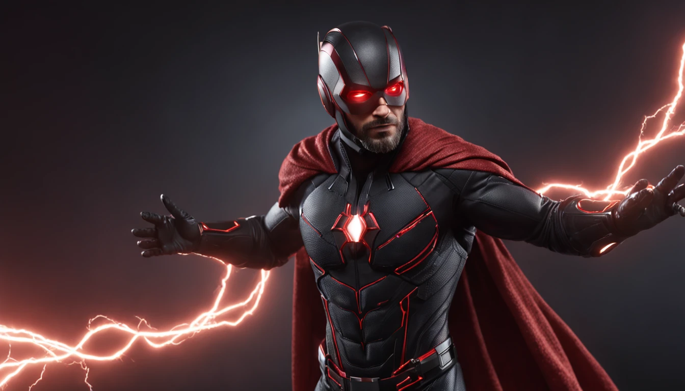 An intricate carbon and gold Superhero in a cyber-suit, levitating in the air, extravagant carbon black silk Cape, no helmet, has long hair and a beard lasers red eyes, his super powers are strength and flight and can shoot lightning out of his hands, surrounded by red lightning, extremely detailed suit, micro-details, photo-realism, one light, dark photo, deep shadows, shallow depth of field, photo-realistic, Surrealism, high quality, masterpiece, 8k, 8k, super detail, full body portrait,  extremely muscular, no mask, (T Logo on chest)