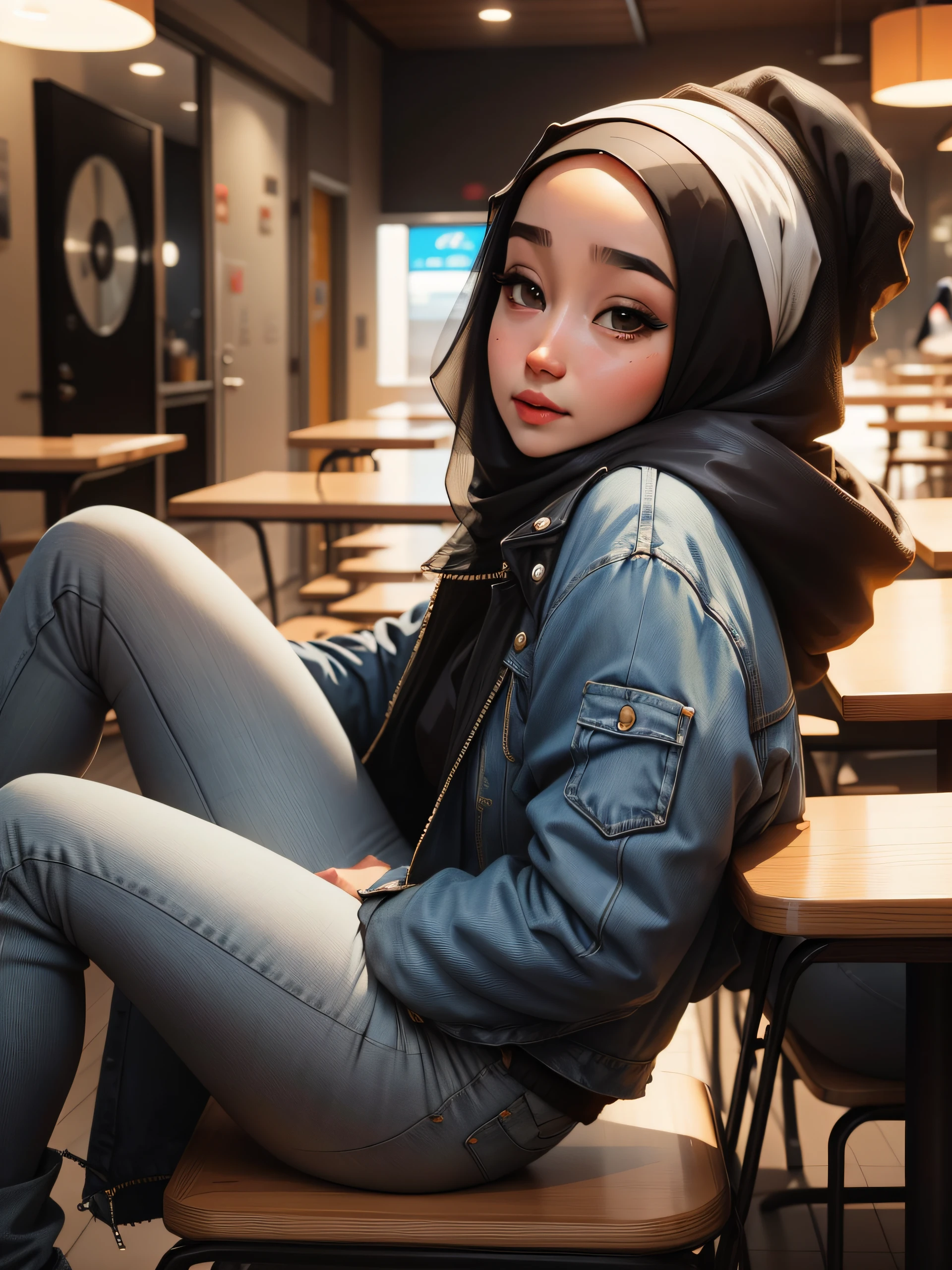 there is a woman wearing a hijab sitting at a table, dilraba dilmurat, hijab, with jeans jacket, zenra taliyah, sakimi chan, semi realism, with accurate face, with cute - fine - face, beautiful image, beautiful aesthetic face, siya oum, ruan cute vtuber, beautiful aesthetic, headshot profile picture, sakimichan