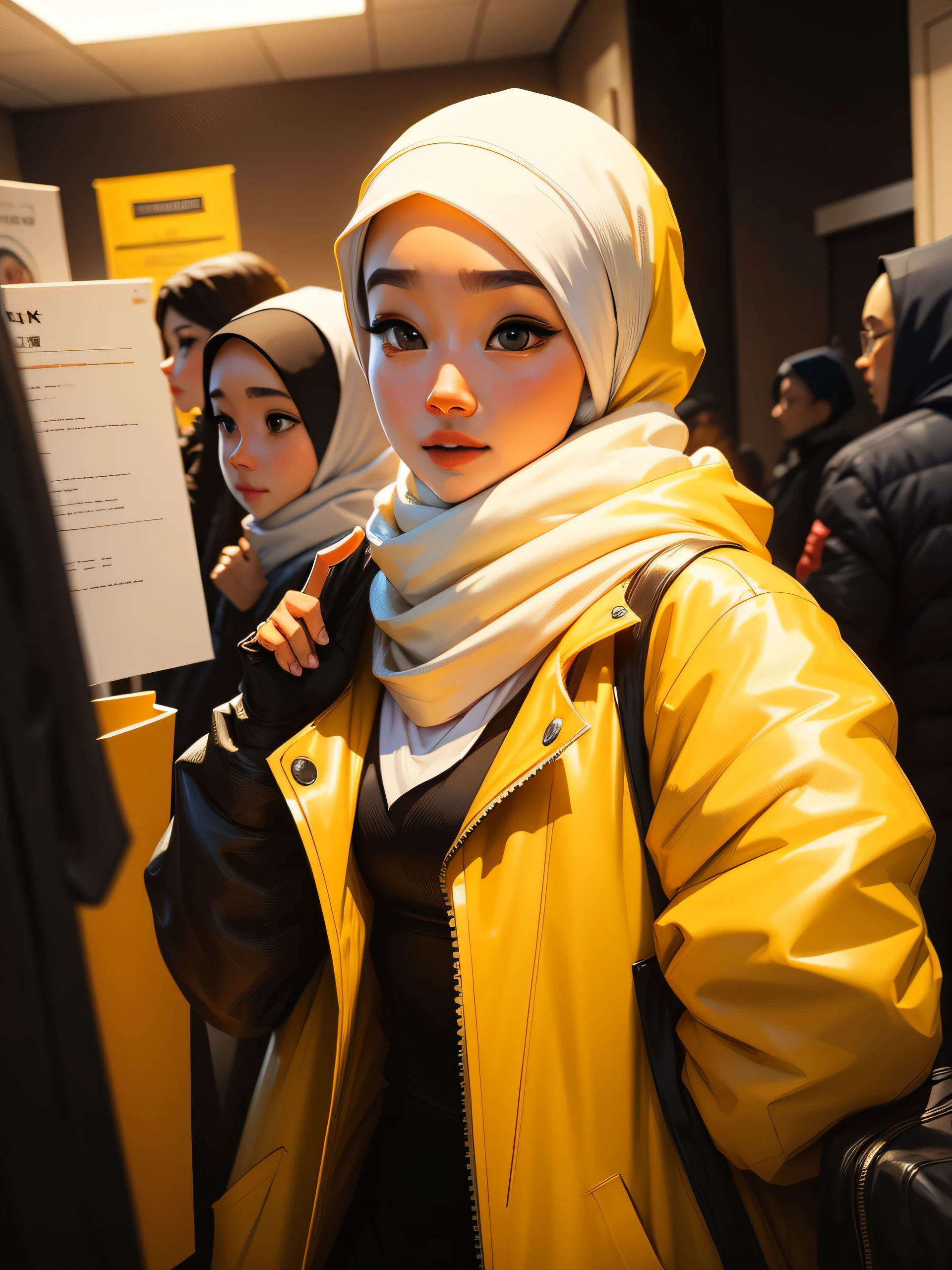 there is a woman wearing a yellow jacket and a white head scarf, ruan cute vtuber, white hijab, hijab, sakimichan, dilraba dilmurat, ulzzang, 8k selfie photograph, sakimi chan, with kind face, no hair, no ear, wearing wheat yellow gauze, headshot profile picture, with accurate face, siya oum, lovely woman