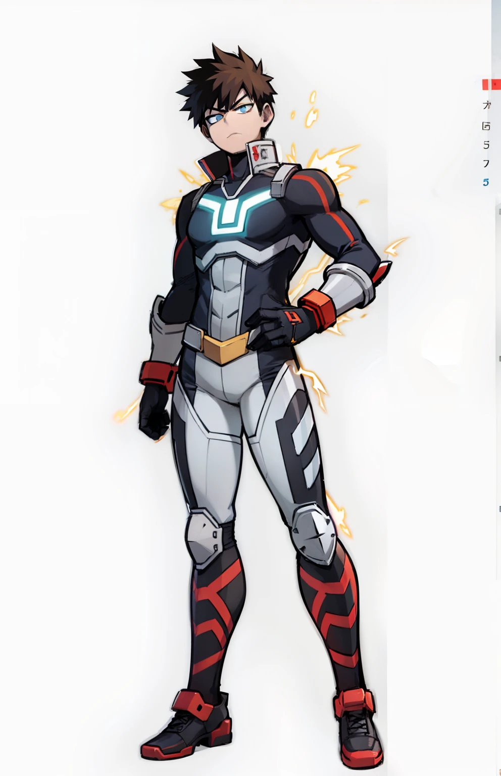 My Hero Academia style, anime boy, male, young male, trending on artstation pixiv, (full body shot:0.5), Short hair, brown hair, blue eyes, hero suit, full body suit, blue suit with white and red details, Neon yellow lightning around, neon yellow lightning, lightning around, neon lightning, Perfect anatomy, Super Detailed,