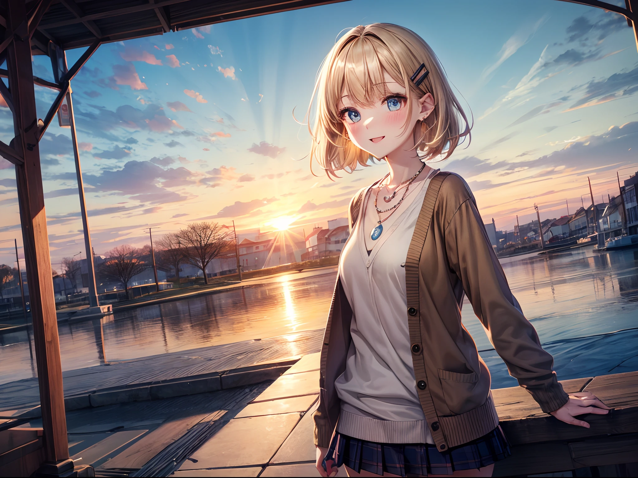 absurderes, (独奏:1.5,)ultra-detailliert,bright colour, extremely beautiful detailed anime face and eyes, view straight on, ;D, shiny_skin,25 years old, Short hair, , asymmetrical bangs, Blonde hair with short twin tails, Shiny hair, Delicate beautiful face, red blush、(Blue eyes), White skin, hair clips, earrings, a necklace, Cardigan, Clothes, Brown clothes,skirt by the、