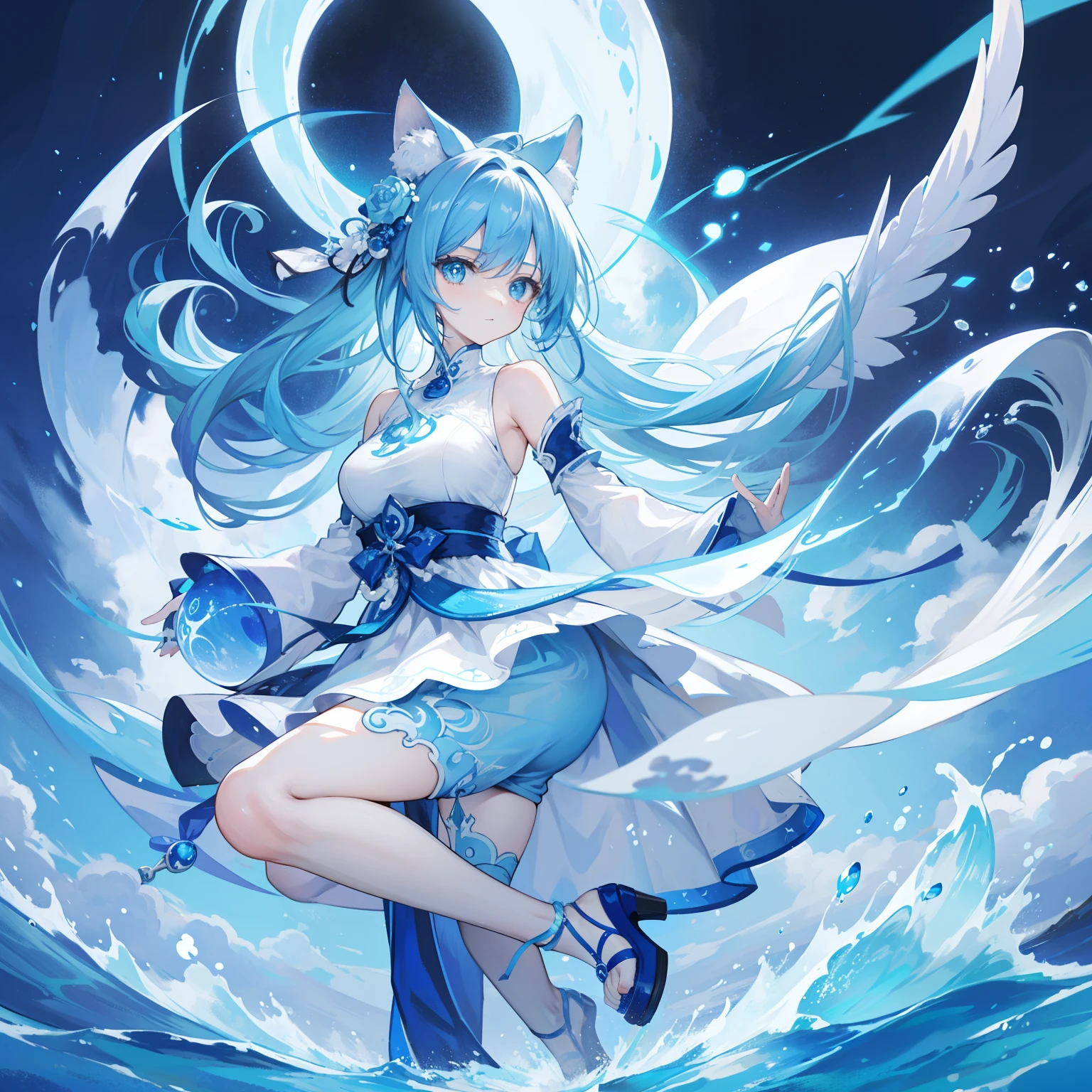 The Title Douluo Continent with multiple blue soul rings，It's a beautiful sister，Blue and white color scheme，It is called the Blue Spirit Cat