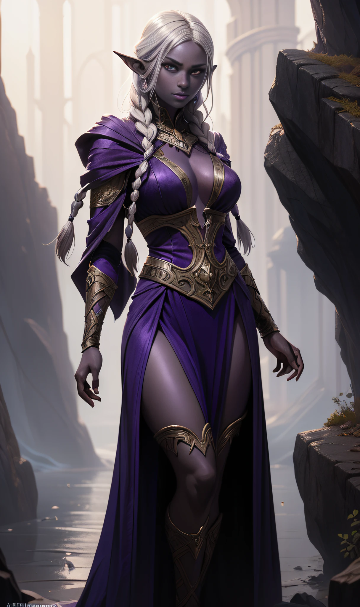 Beautiful portrait of perfect ((drow sorceress girl)), slender body, perky breasts, (pale silver long elaborate braids), (dark purple skin:1.5), wearing (white sorcerer robe), (red eyes:1.2), pointed ears, perfect features, abstract beauty, near perfection, pure form, dynamic pose, standing on a cliff, (strong cinematic lighting), ((rim lighting)), concept art by Greg Rutkowski and John William Waterhouse and Alphonse Mucha, stunning details, intricate details, 8k post-production, High resolution, super details, trending on ArtStation, sharp focus, depth of field f/1.8, studio photos, (((looking at camera)))