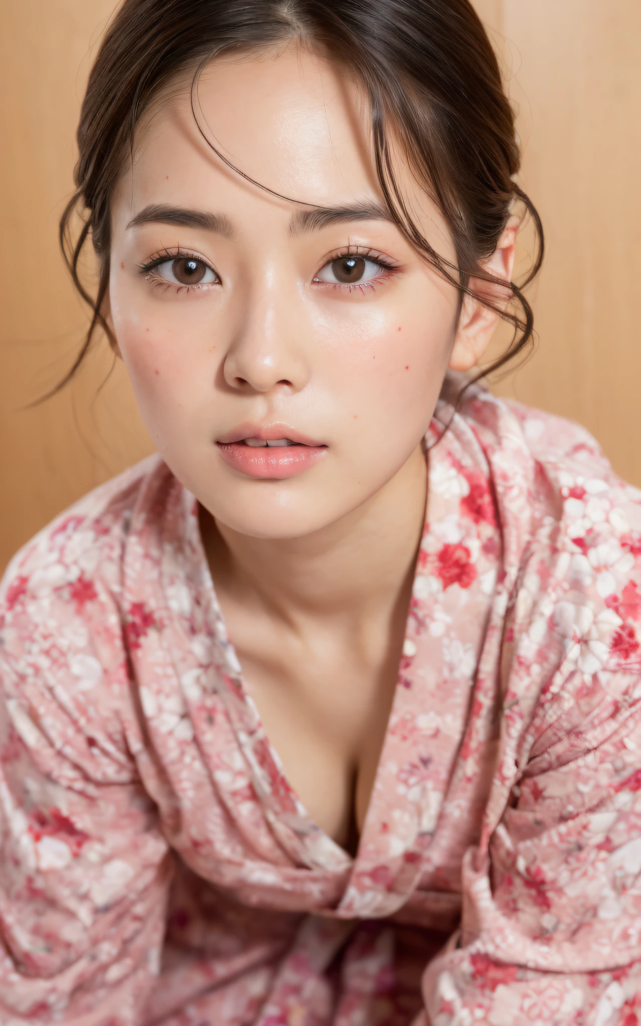 ((of the highest quality, 8K, masutepiece: 1.3)), Beauty, 1 Japan Girl, Big: 1.3, dark brown hair, (Open legs: 1.2), detailed face, very detailed lips, Detailed eyes, Double eyelids, open yukata, Sweaty skin: 1.2, ((from above: 1.5)), sexy