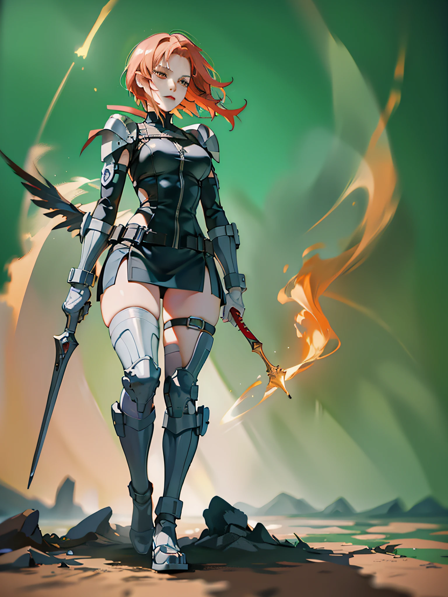 'Claymore, Claire, anime, full body, moving mode, short red hair, orange eyes, trending on artstation, deviantart, concept art, trending on artstation, digital painting, digital illustration, extreme detail, digital art, 4k, ultra hd, in Hueco Mondo.'