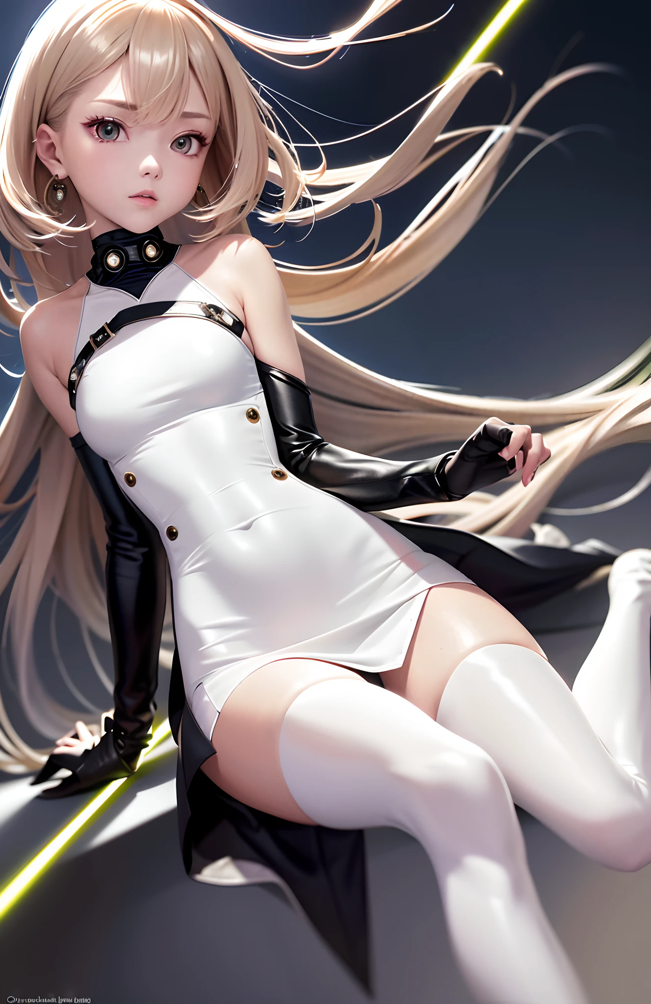 optimum,tmasterpiece,A high resolution,best qualtiy,hyper HD,super detailing,Award-Awarded,16k,独奏,((The upper part of the body)),((Bust)),anatomy correct,Beautiful cyberpunk girl,cute face,,Gradient Beige Hair,Hairline,((Scarlet eyes)),long eyelasher,Hanging eye corners,White skin of the,(small boobs),(Slim body),((Women's super short shawl leather jacket)),((racing_suit)),((High-Low_long skirt)),ear studs,(Neck strap),(Laser material clothing:1.2)