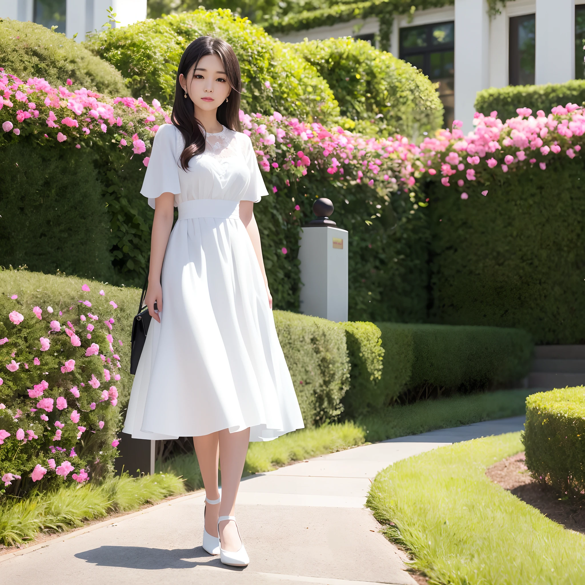 There's a woman walking through a flower garden in an all-pink dress with white accents, vestido poligonal branco, no caminho das flor, em roupas rosa, usando vestido branco, na jardim, em uma jardim, uma mulher bonita no branco, usando um vestido branco, em florta profunda, Seseon Yoon, vestido de branco, kwak ji jovem, apenas yoon, lu ji | | | | | |, two arms, two hand, duas pernas, two feets. Animated hands, centro da moda, flor, flor, vestido rosa, boa qualidade, Hiper realista, super realista, 8k.