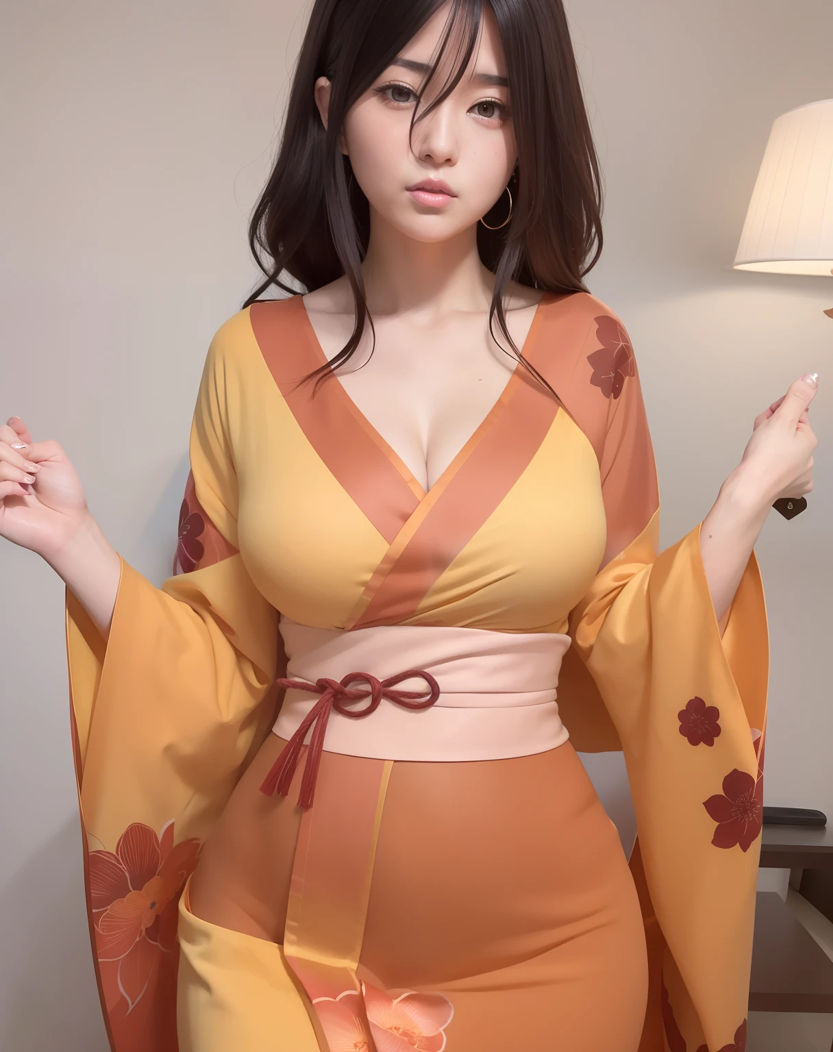 Hanabi hyuga A woman is standing in a tight, dark-yellow kimono with an orange stripe. Her breasts look big and round. Her hair was so long as dark brown. His skin is so white. And her cheeks were rosy. She was seen sitting in a room. And stare at the camera. Looking so pretty and realistic