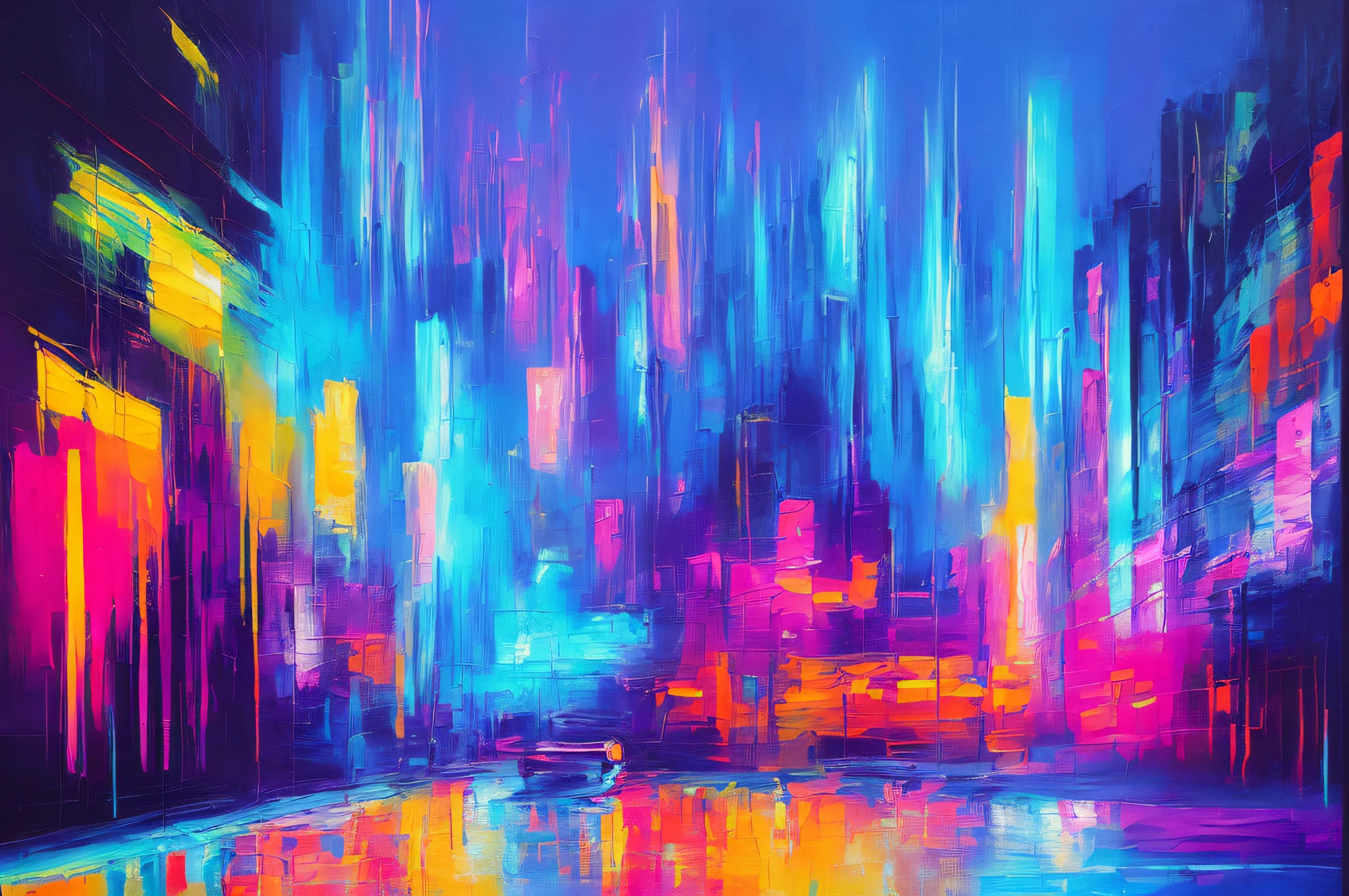 ((abstract painting+modern art+neon lights):1.2+cityscape+night view+dynamic composition+colorful+contrast+impressionistic brushworks)