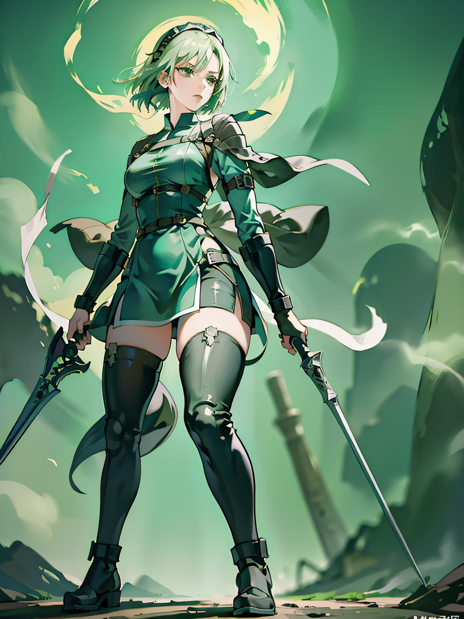 'Claymore, Claire, anime, full body, moving mode, short green hair, green eyes, trending on artstation, deviantart, concept art, trending on artstation, digital painting, digital illustration, extreme detail, digital art, 4k, ultra hd, in Hueco Mondo.'