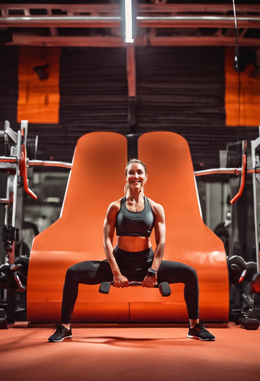 Capture the infectious positivity of a personal trainer in a gym, as she enthusiastically showcases the vibrant orange screen of her smartphone towards the camera. Depict the trainer's genuine happiness and energy, creating an engaging and inviting atmosphere. Utilize lighting to emphasize her cheerful expression and the dynamic colors. Ensure the smartphone's screen is prominently displayed, emanating a warm orange hue and perhaps featuring fitness-related content. This image should radiate the trainer's enthusiasm and expertise, encouraging viewers to feel excited about fitness and the guidance she offers.